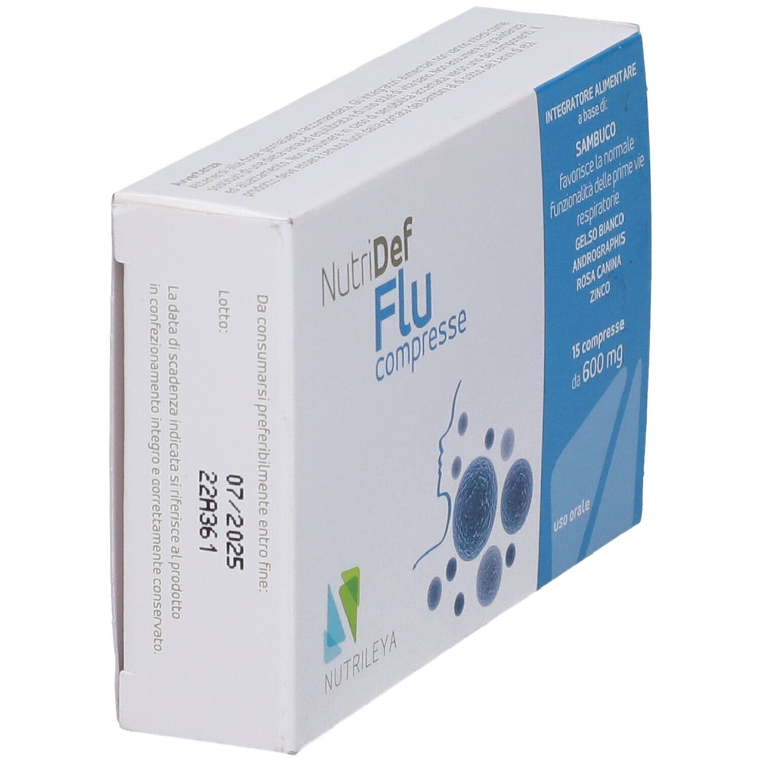 Scatola bianca con nome prodotto e illustrazioni blu. Contiene 15 compresse. Stampa: 600 mg, uso orale.