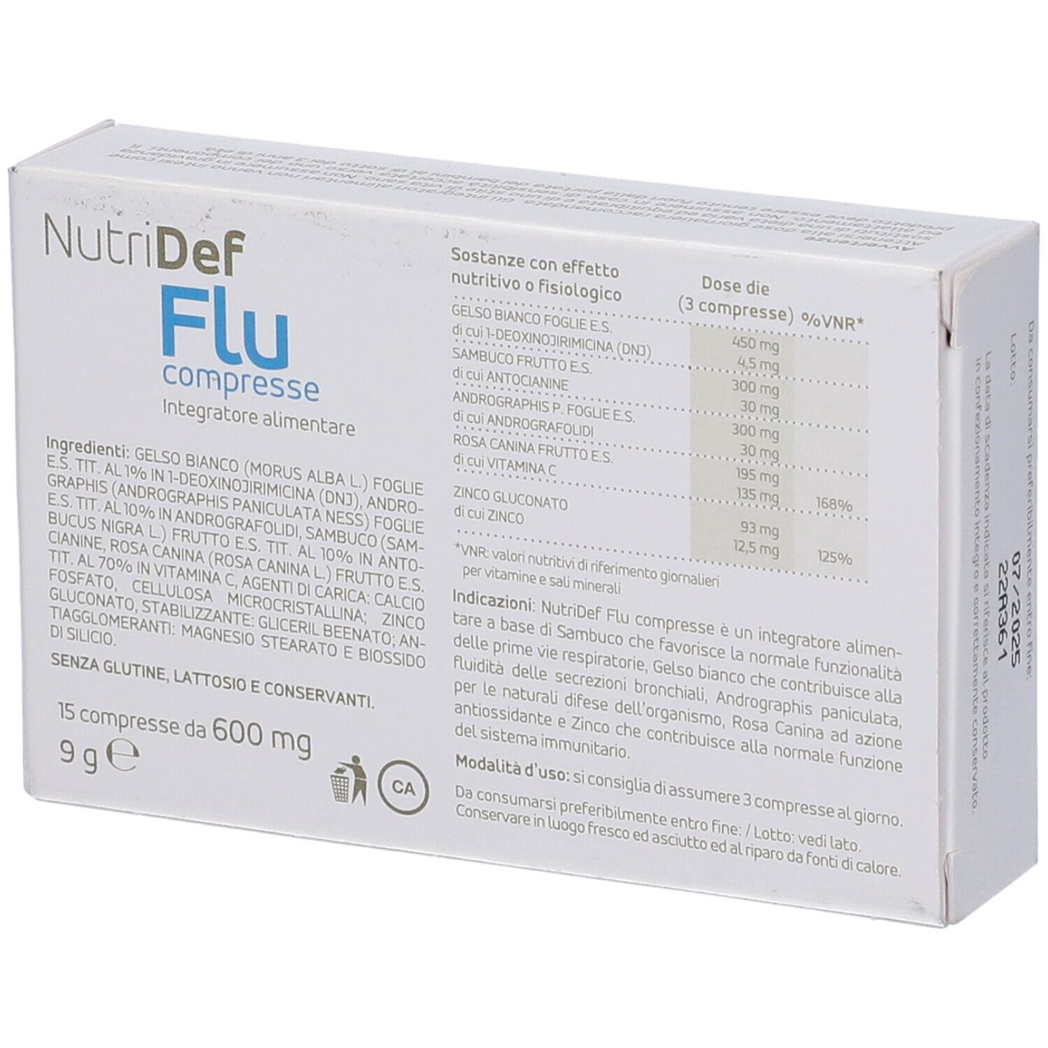 Scatola bianca con nome prodotto e illustrazioni blu. Contiene 15 compresse. Stampa: 600 mg, uso orale.