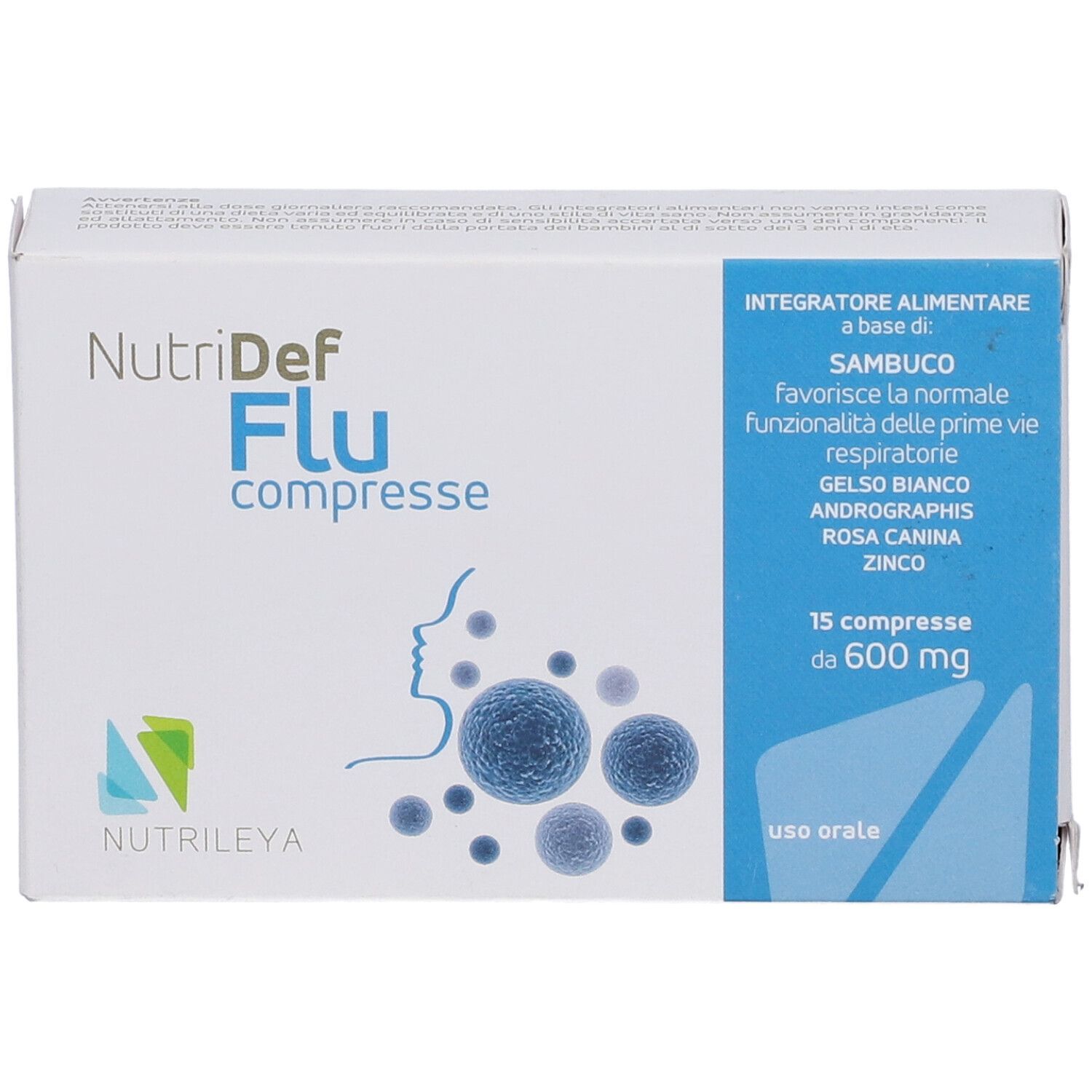 Scatola bianca con nome prodotto e illustrazioni blu. Contiene 15 compresse. Stampa: 600 mg, uso orale.