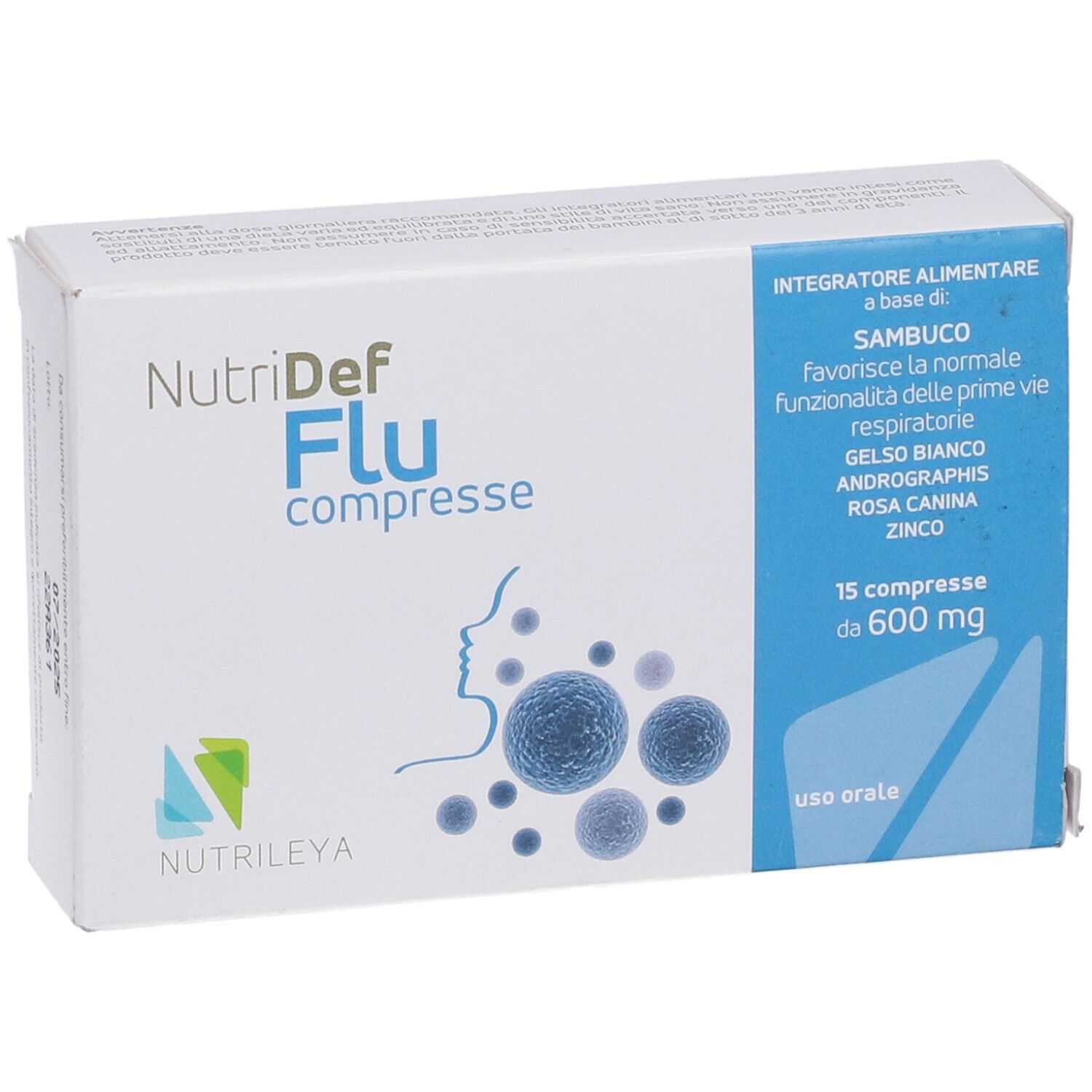 Scatola bianca con nome prodotto e illustrazioni blu. Contiene 15 compresse. Stampa: 600 mg, uso orale.