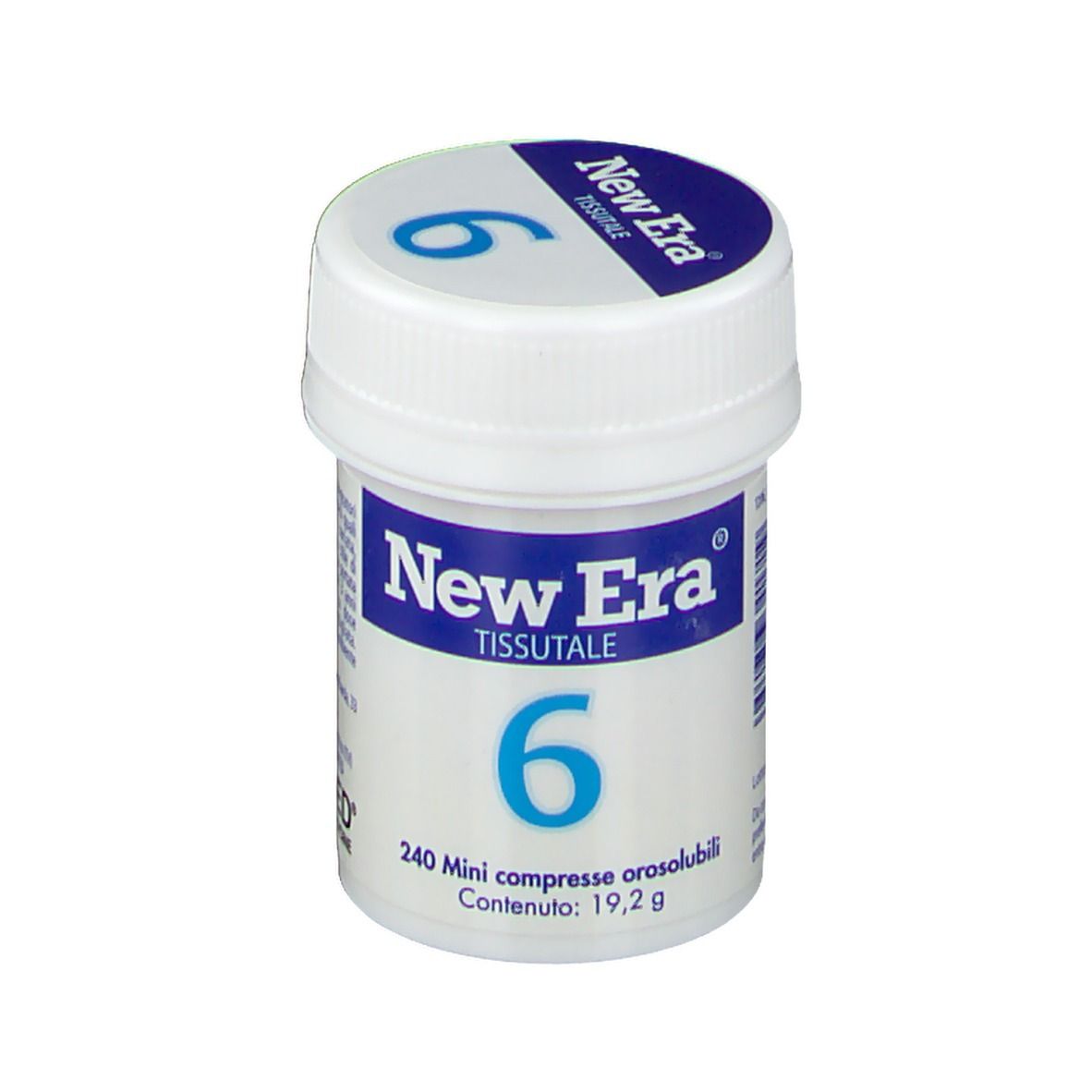 Flacone bianco, tappo blu. Scritta "New Era Tissutale 6". Contiene 240 mini compresse.