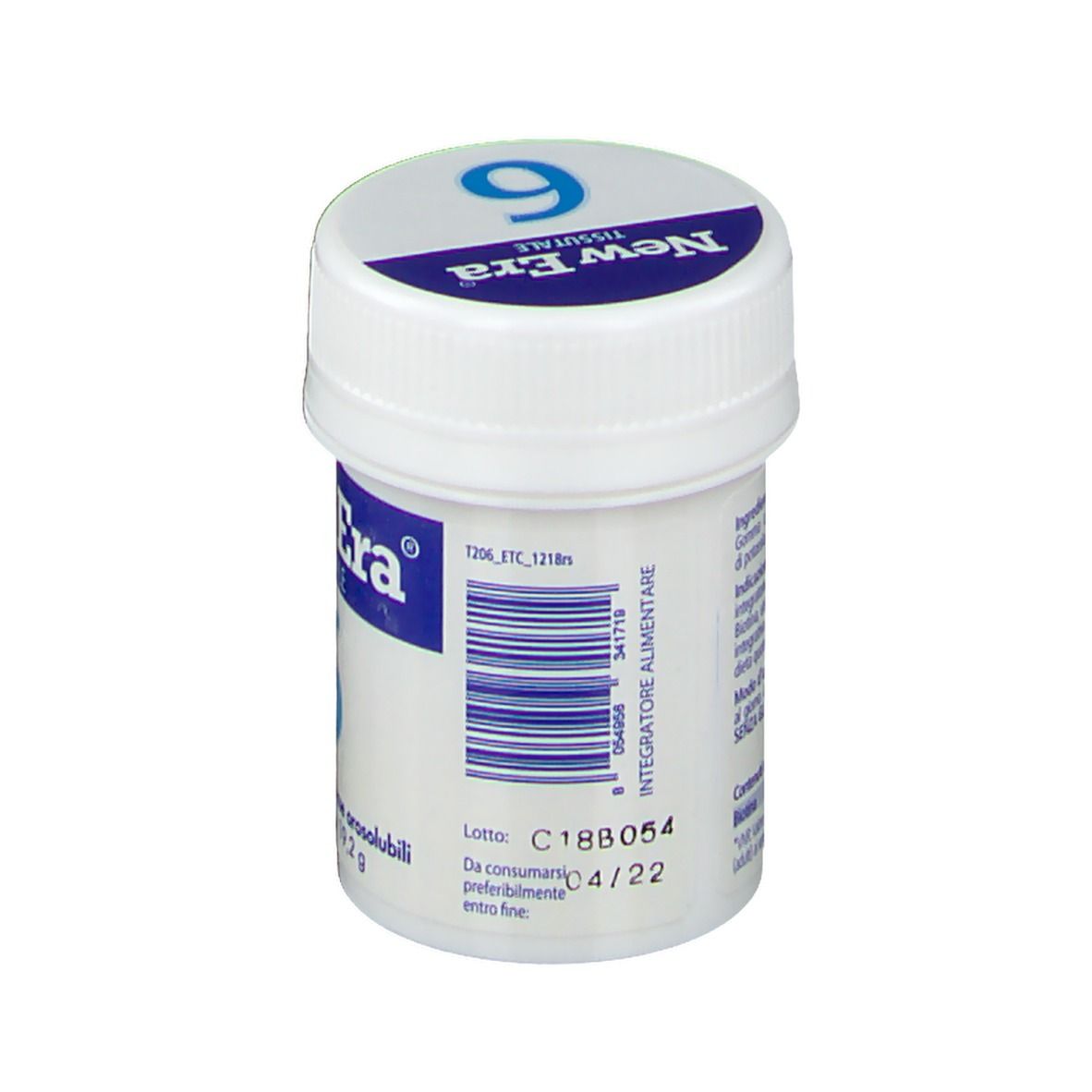 Flacone bianco, tappo blu. Scritta "New Era Tissutale 9". Codice a barre e data di scadenza.