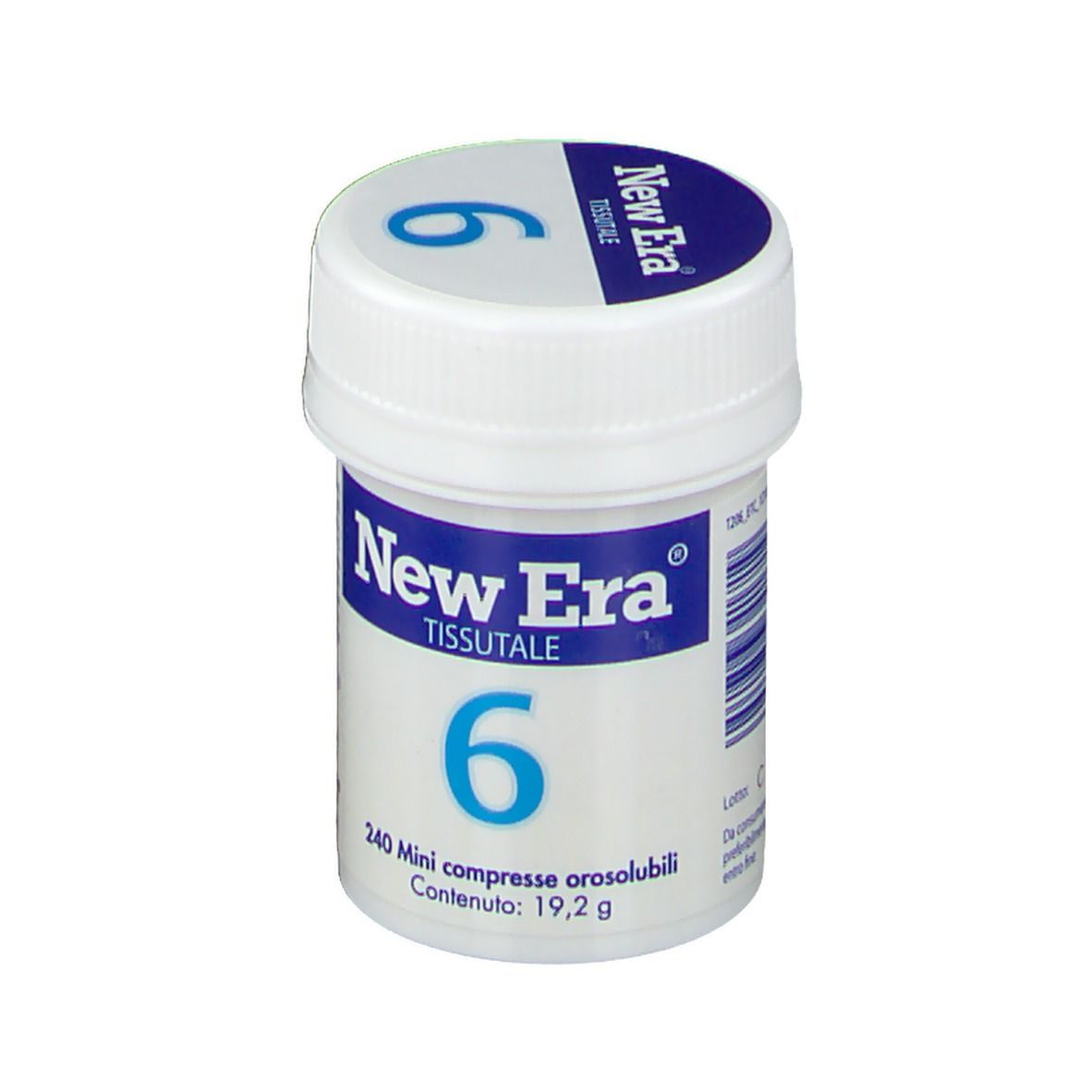 Flacone bianco, tappo blu. Scritta "New Era Tissutale 6". Contiene 240 mini compresse.