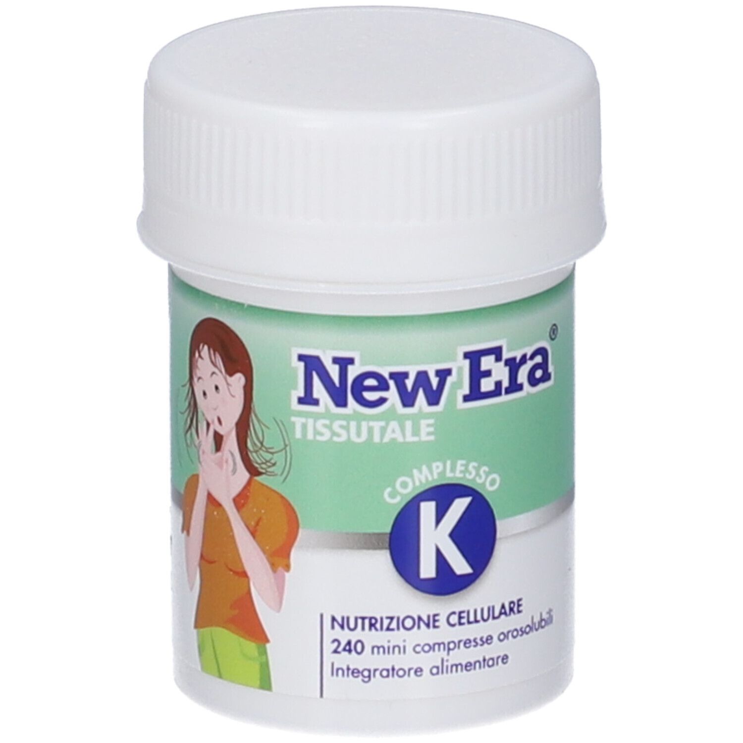 New Era Complexe K: Contenitore da 240 mini compresse orosolubili. Illustrazione di una donna.