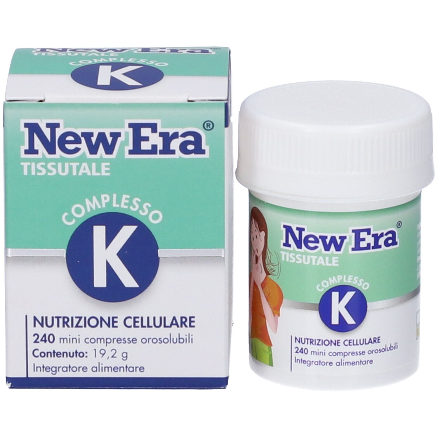 New Era Complexe K: Confezione e contenitore da 240 mini compresse orosolubili.