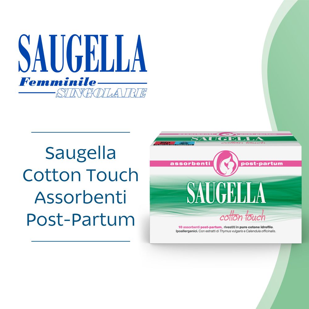 Logo Saugella e nome prodotto Cotton Touch. Confezione di assorbenti post-partum. Sfondo verde e bianco.