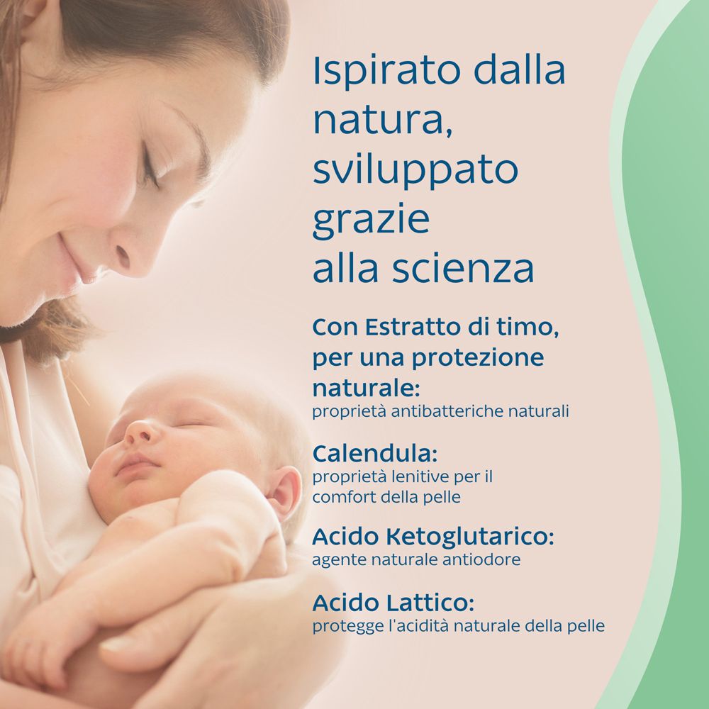 Donna tiene un bambino. Testo sugli ingredienti: timo, calendula, acido chetoglutarico, acido lattico. Nome prodotto non visibile.