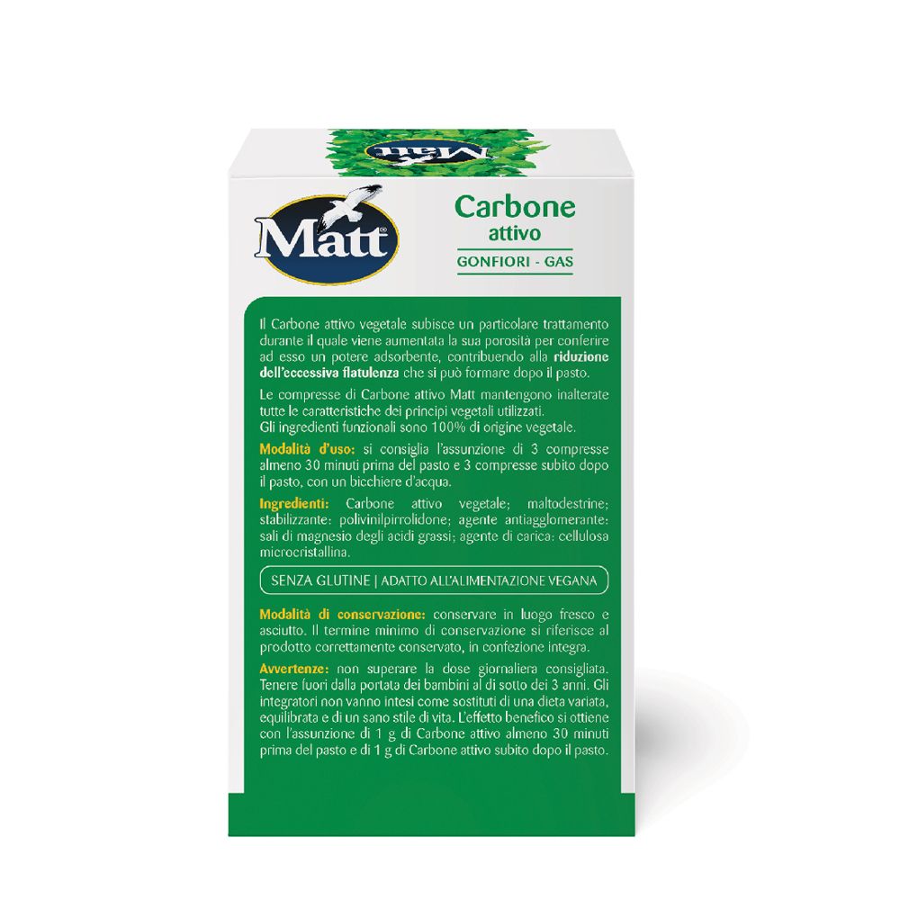 Confezione di Carbone Attivo Matt per gonfiore e gas. Contiene carbone vegetale.