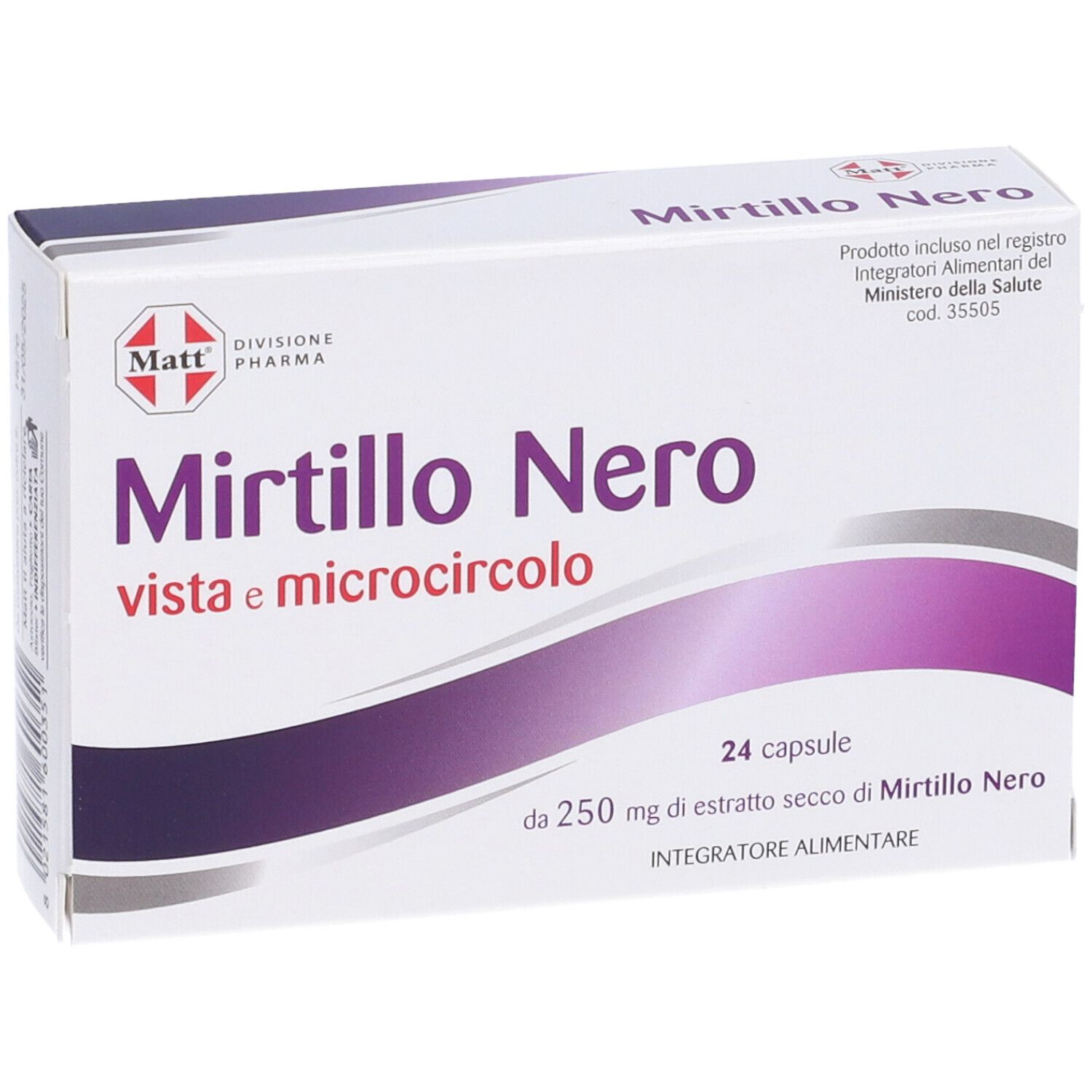 Scatola Mirtillo Nero, vista frontale. 24 capsule. Confezione bianca e viola. Marchio Matt.