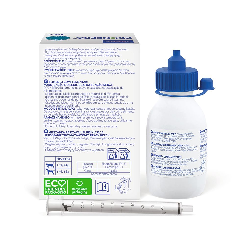 Flacone e scatola con nome e logo del prodotto. Siringa. Contiene informazioni sull'uso e sugli ingredienti.