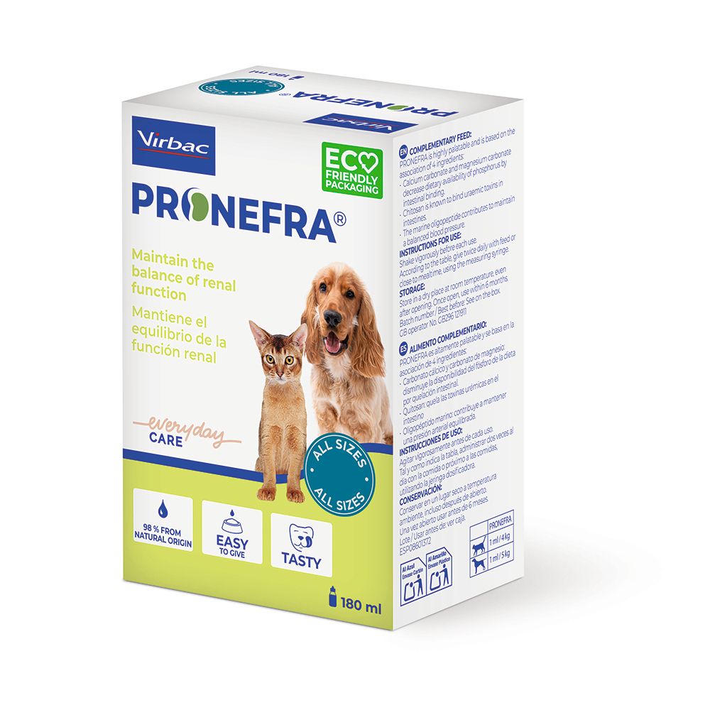 Scatola con scritta Pronefra. Con gatto, cane e logo. Testo multilingue.