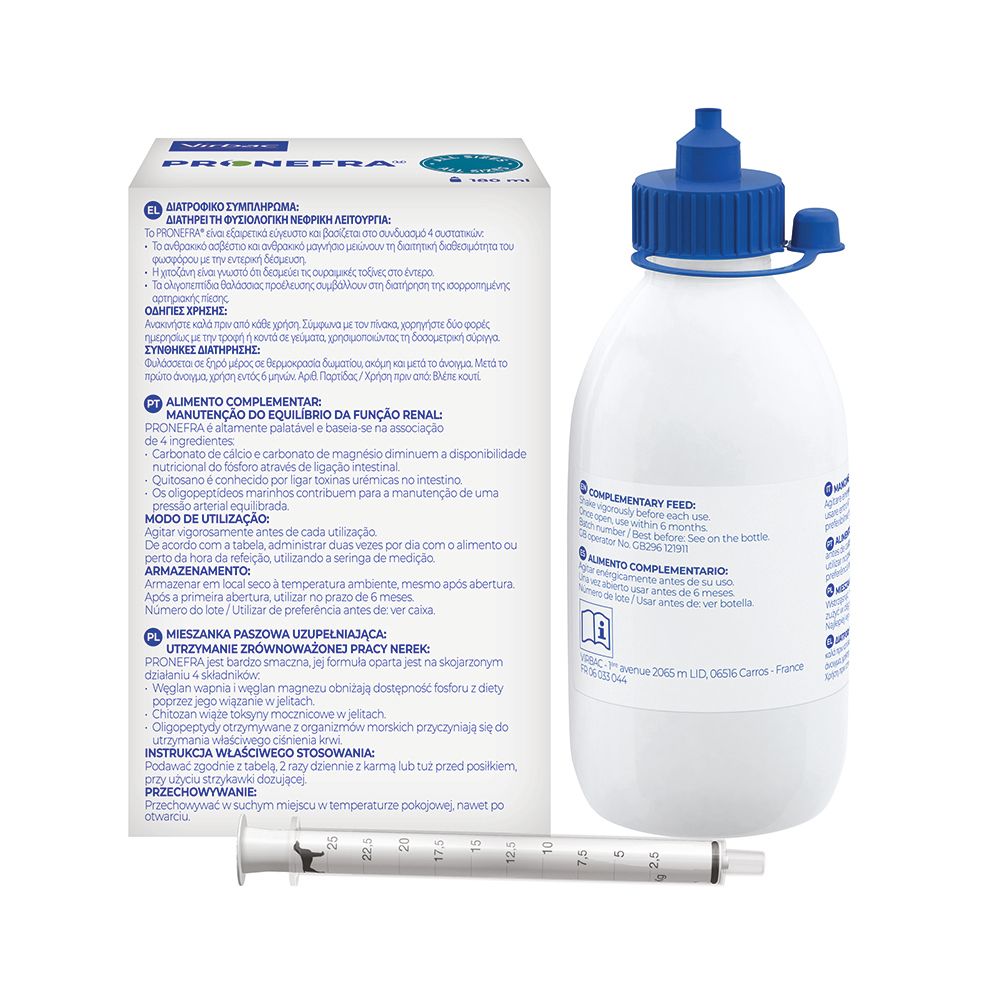 Flacone, scatola e siringa. Scritto Pronefra. Testo multilingue. Con gatto e cane.