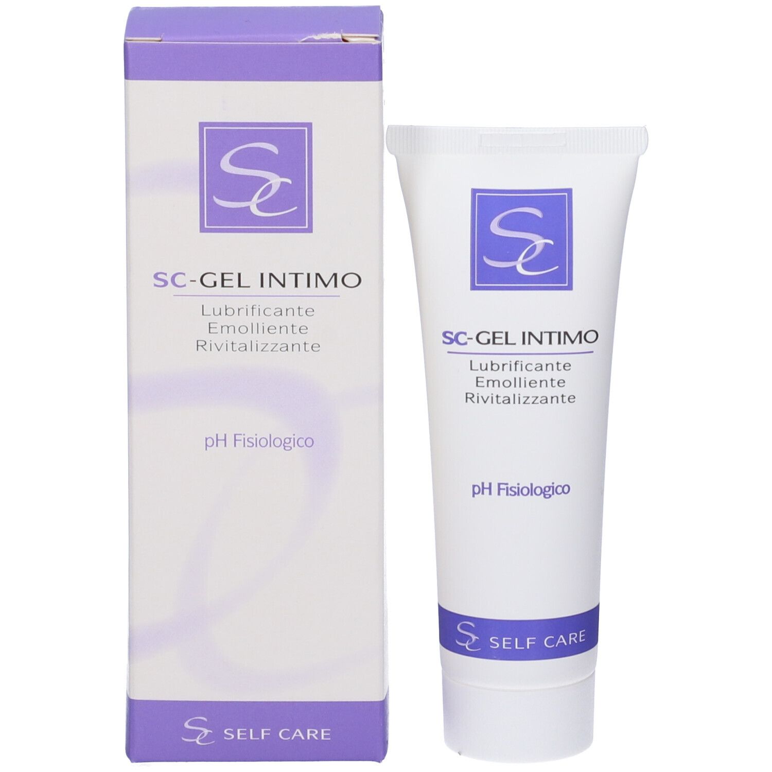 Confezione del prodotto con tubo. Confezione e tubo bianchi e viola. Scritta: SC-GEL INTIMO.