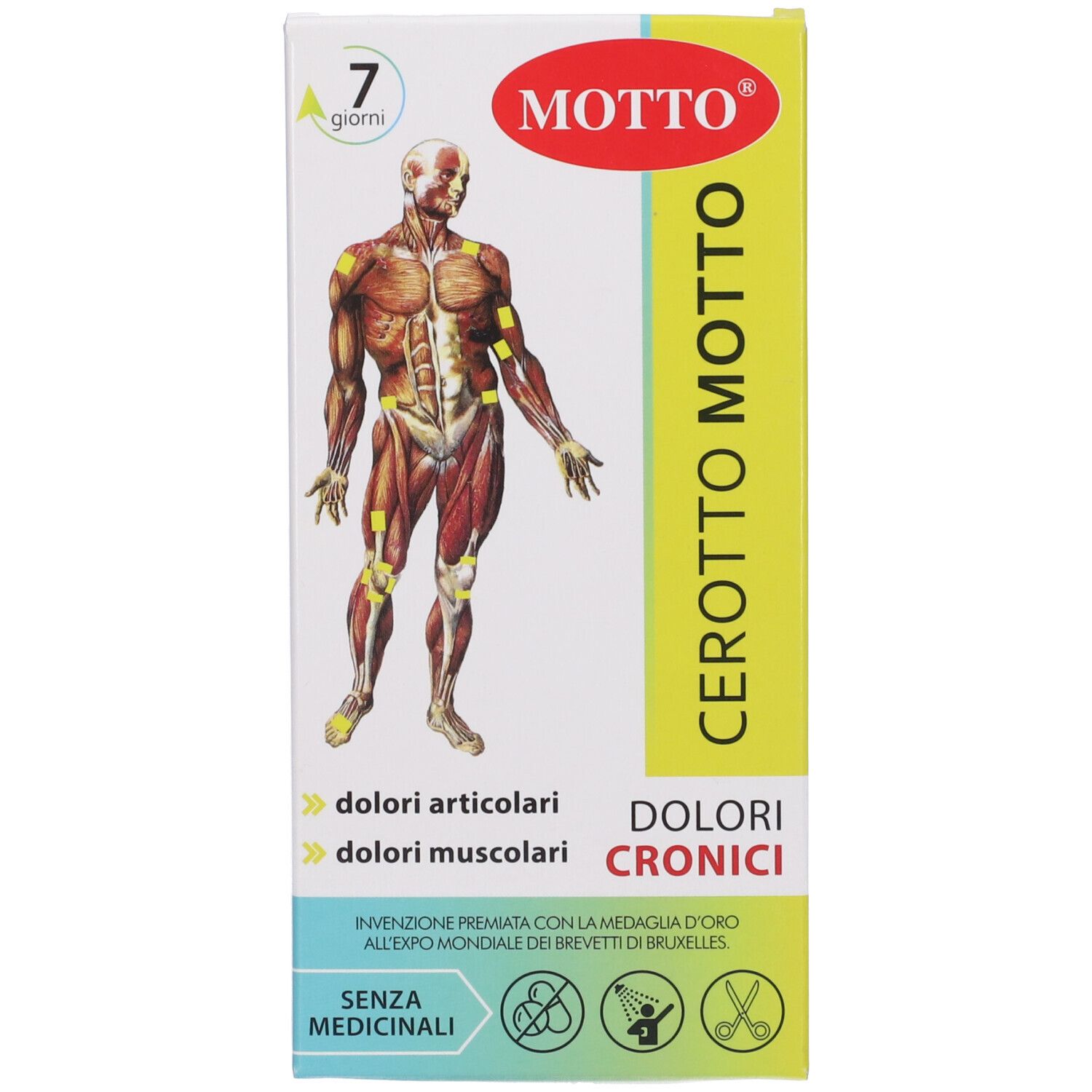 Confezione del prodotto. Scritta: Motto, Cerotto Motto. Dispositivo medico. Indicazioni: dolori articolari e muscolari.