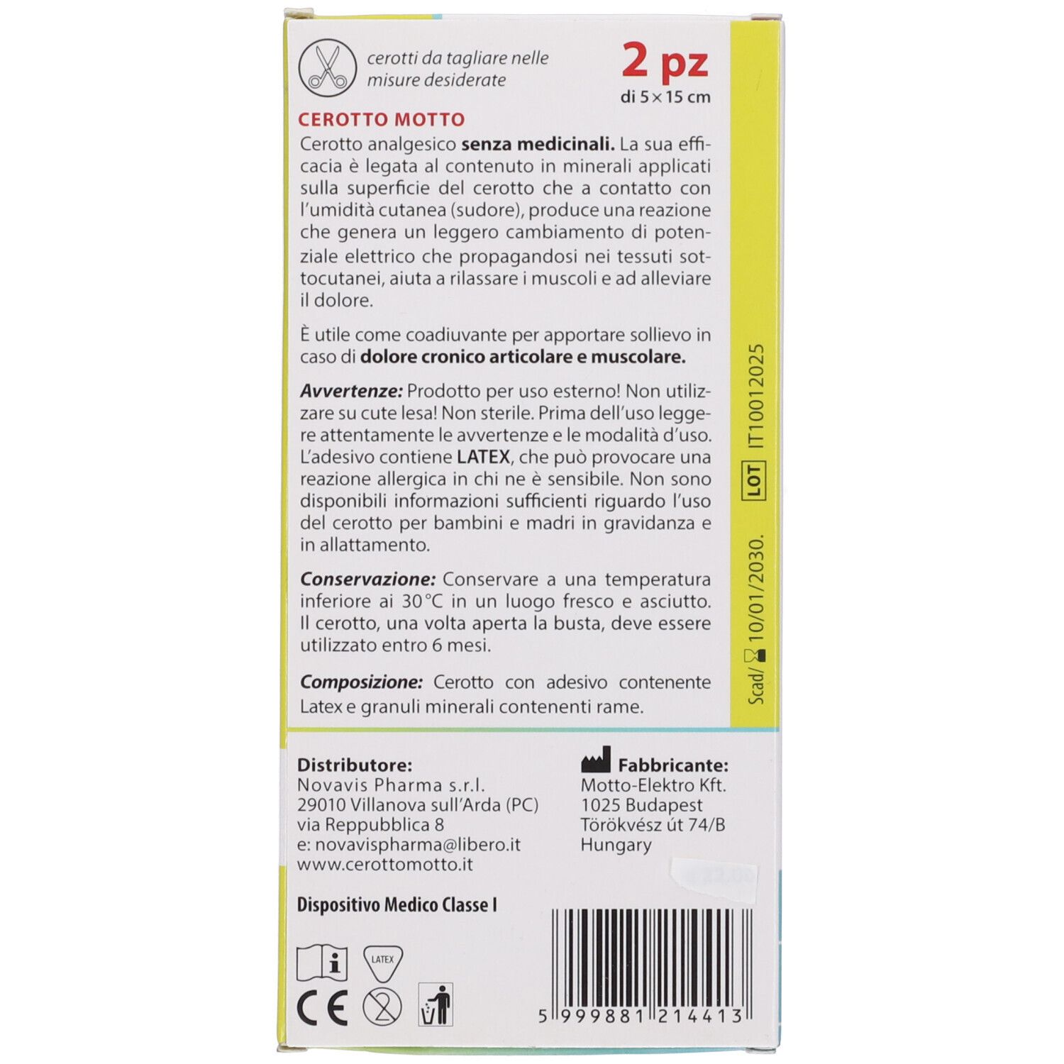 Retro della confezione del prodotto. Testo e pittogrammi. Dispositivo medico. Informazioni produttore e distributore.