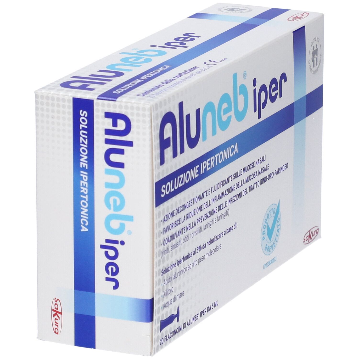Scatola Aluneb iper in prospettiva. Nome del prodotto e dettagli sulla confezione. Bianco e blu.