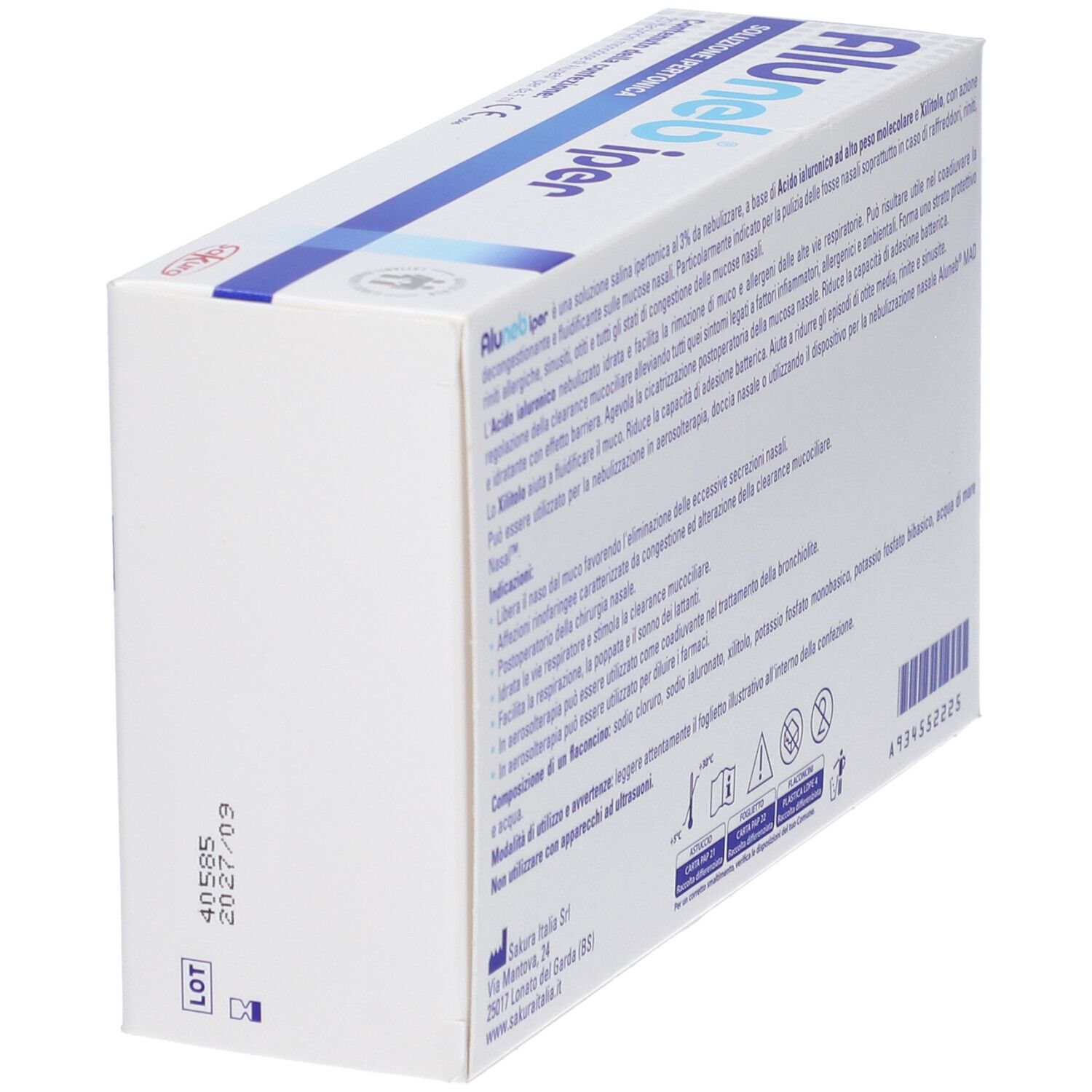 Vista laterale della confezione Aluneb iper. Testo e numero di lotto. Sfondo bianco.