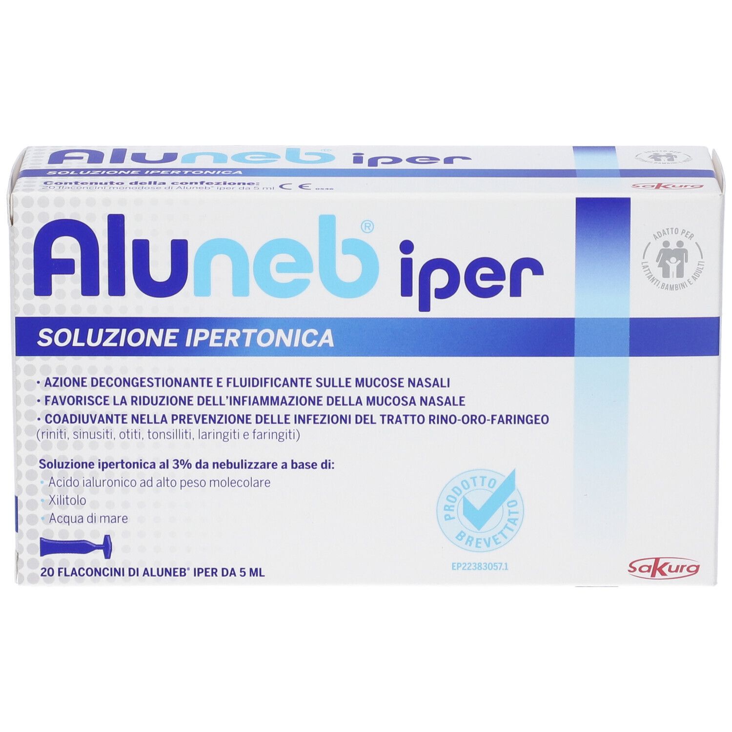 Confezione Aluneb iper. Nome del prodotto e dettagli. Bianco e blu. 20 flaconcini.