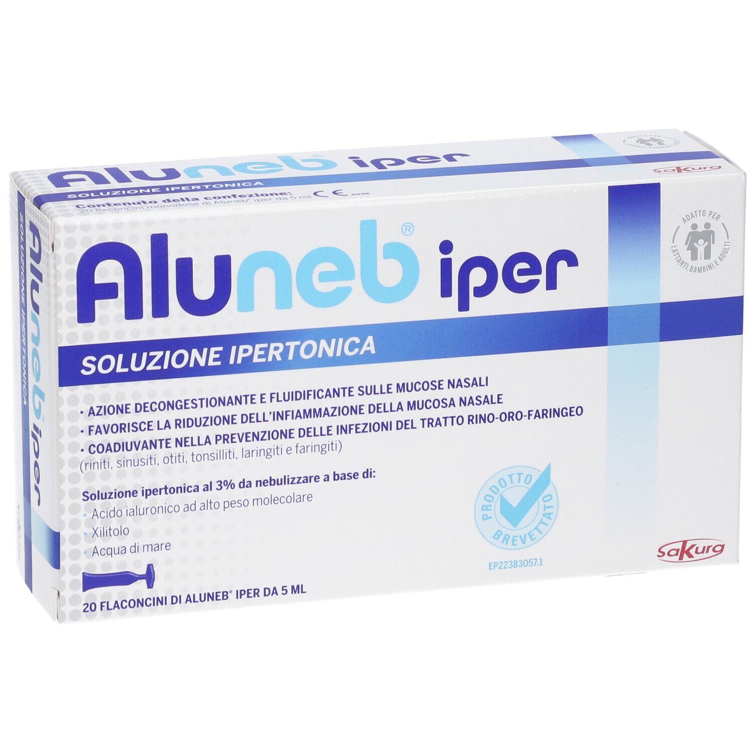 Confezione Aluneb iper. Nome del prodotto e dettagli. Bianco e blu. 20 flaconcini.