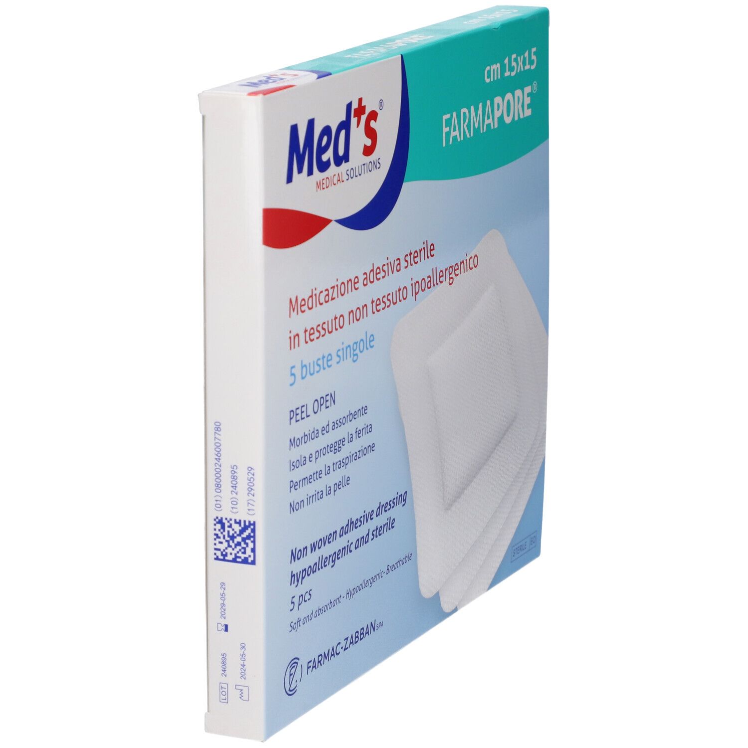 Confezione inclinata. Contiene medicazioni sterili, ipoallergeniche. Dimensioni 15x15 cm. Marchio Med's, Farmapore.