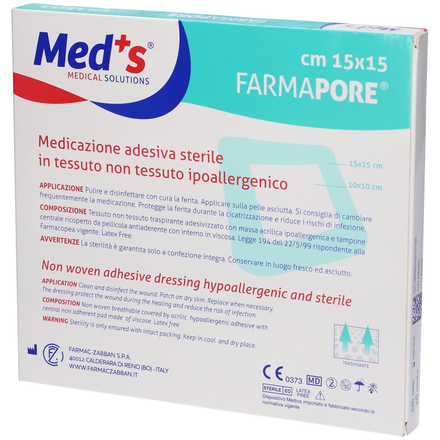 Retro della confezione. Contiene medicazioni sterili, ipoallergeniche. Dimensioni 15x15 cm. Marchio Med's, Farmapore.