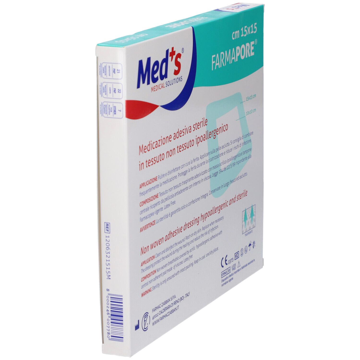 Confezione inclinata. Contiene medicazioni sterili, ipoallergeniche. Dimensioni 15x15 cm. Marchio Med's, Farmapore.