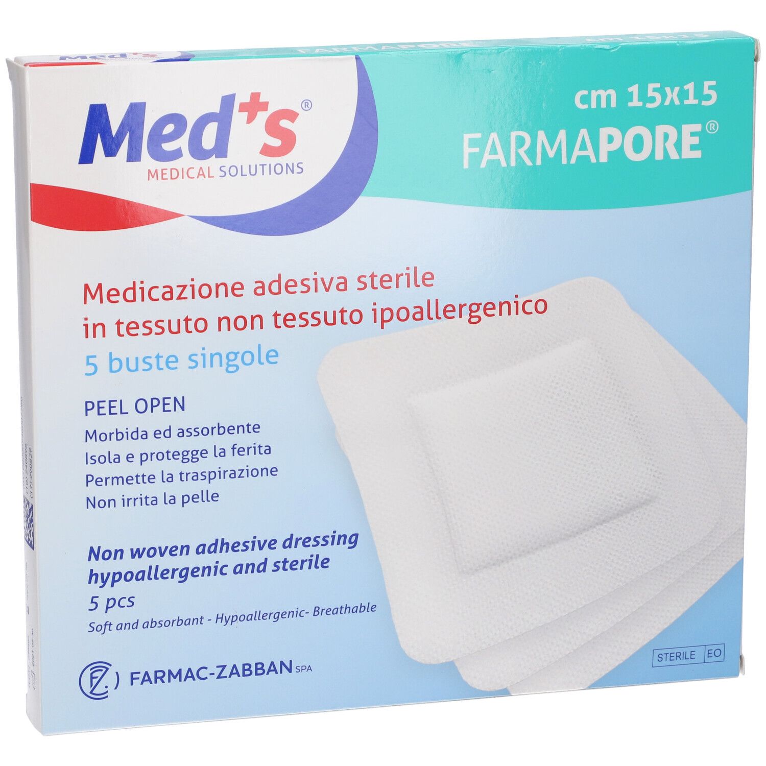 Confezione di medicazioni sterili, ipoallergeniche. Dimensioni 15x15 cm. Marchio Med's, nome prodotto Farmapore.