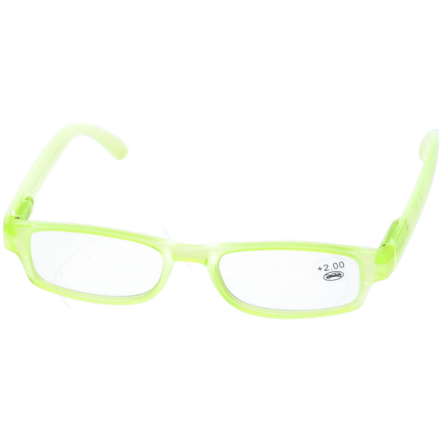 Occhiali verde chiaro con lenti rettangolari. Sul vetro '+2.00'. Montatura e aste verde chiaro.