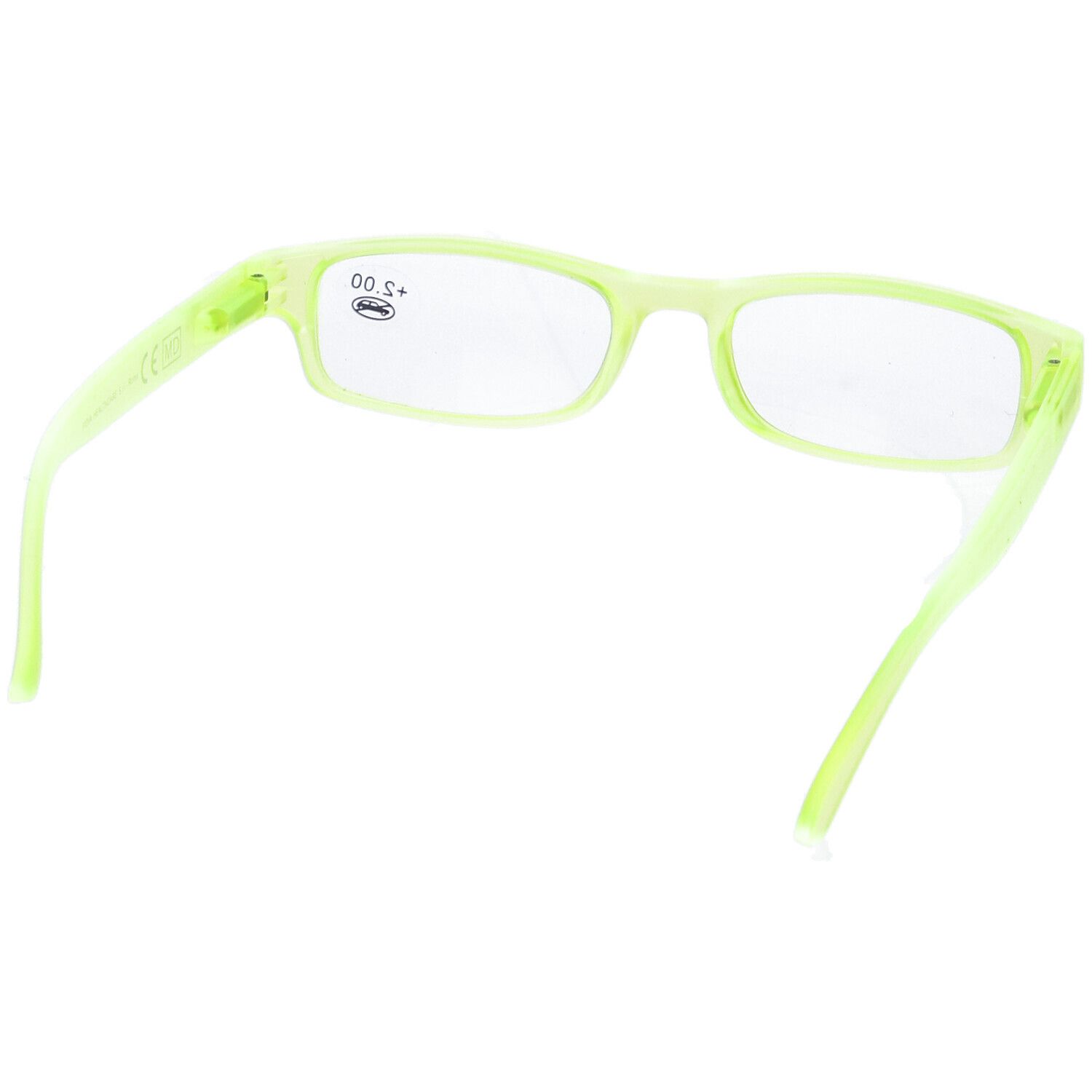 Occhiali verde chiaro con lenti rettangolari. Sul vetro '+2.00'. Montatura e aste verde chiaro.