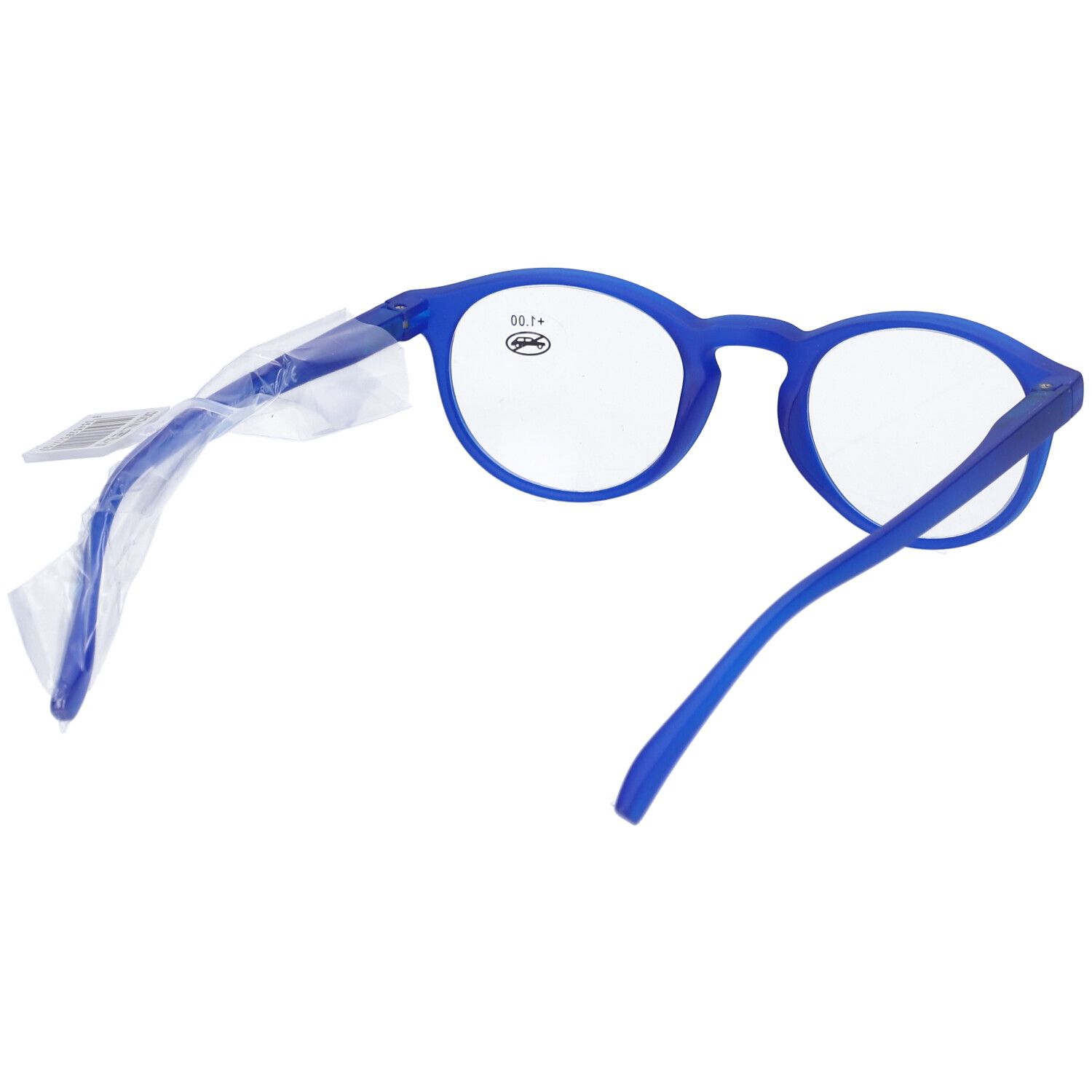 Occhiali blu con lenti rotonde. +1.00 su una lente. Confezionati in plastica.