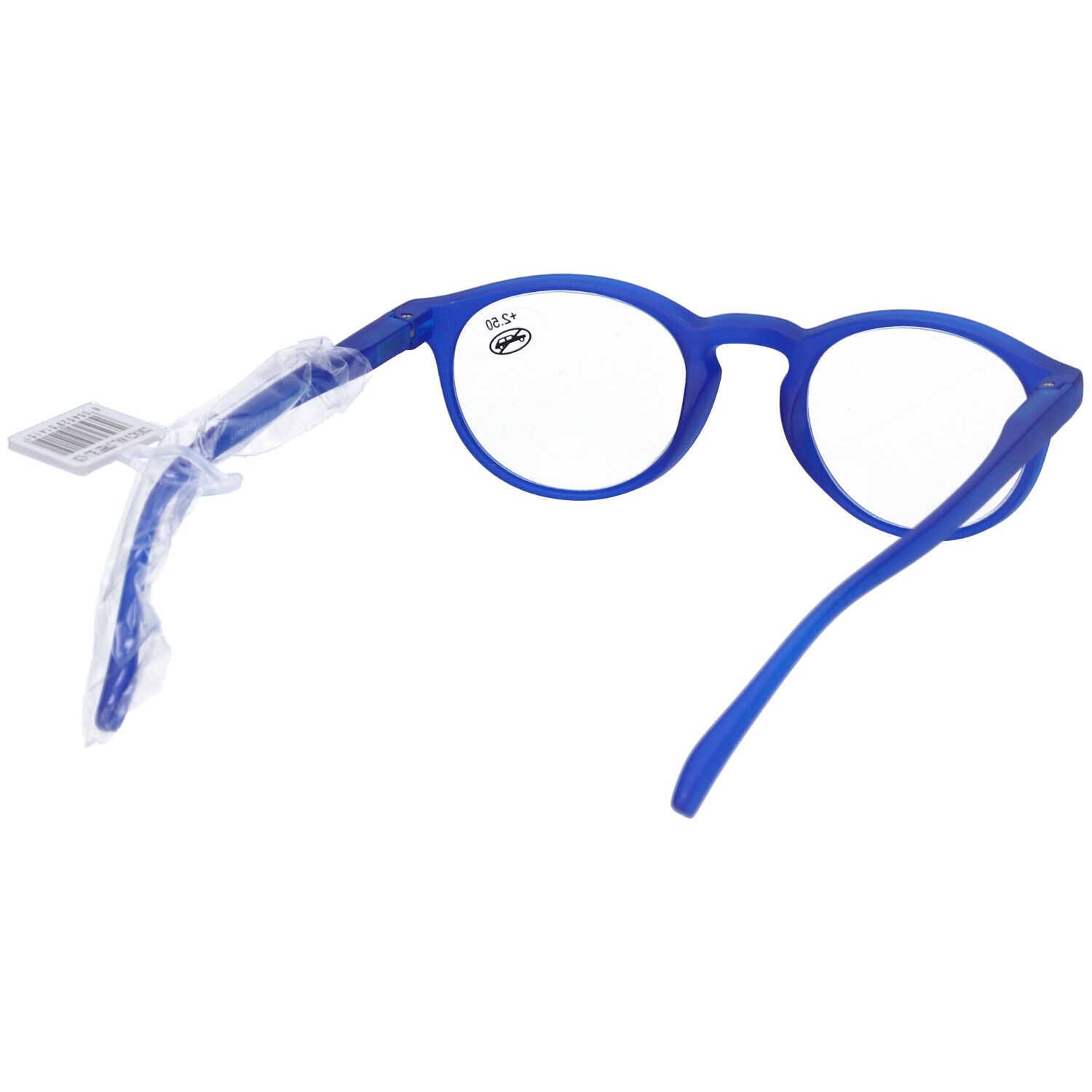 Occhiali blu con lenti rotonde. +2,50 su una lente. Aste aperte, con etichetta.