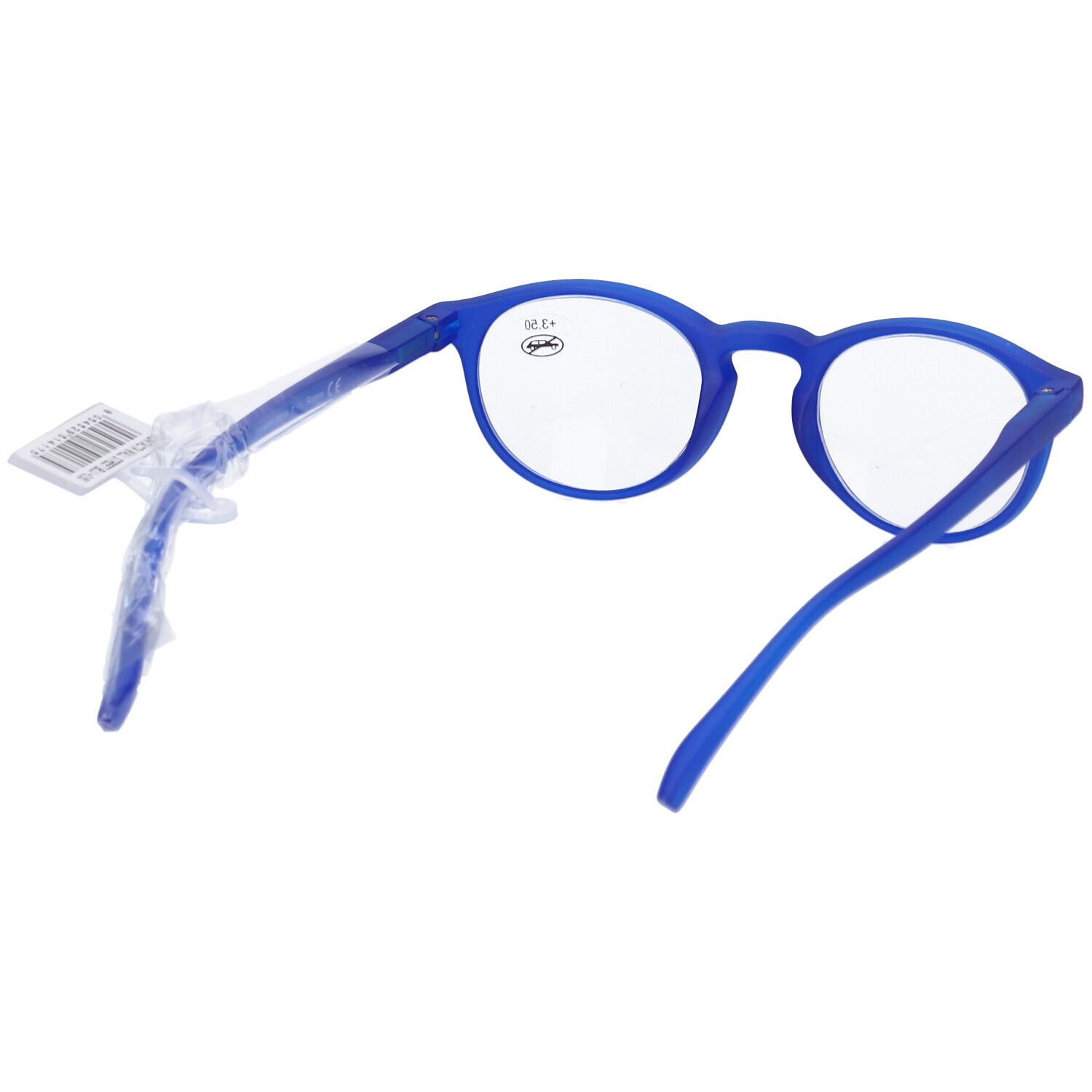 Occhiali blu con lenti rotonde. +3,50 su una lente. Con etichetta.