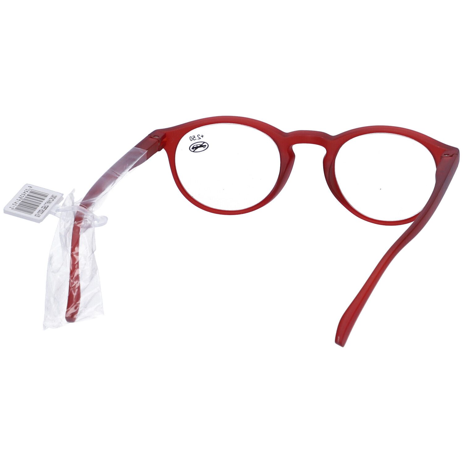 Occhiali rossi, lenti rotonde. +2,50 diottrie. Montatura e aste in plastica. Con etichetta.