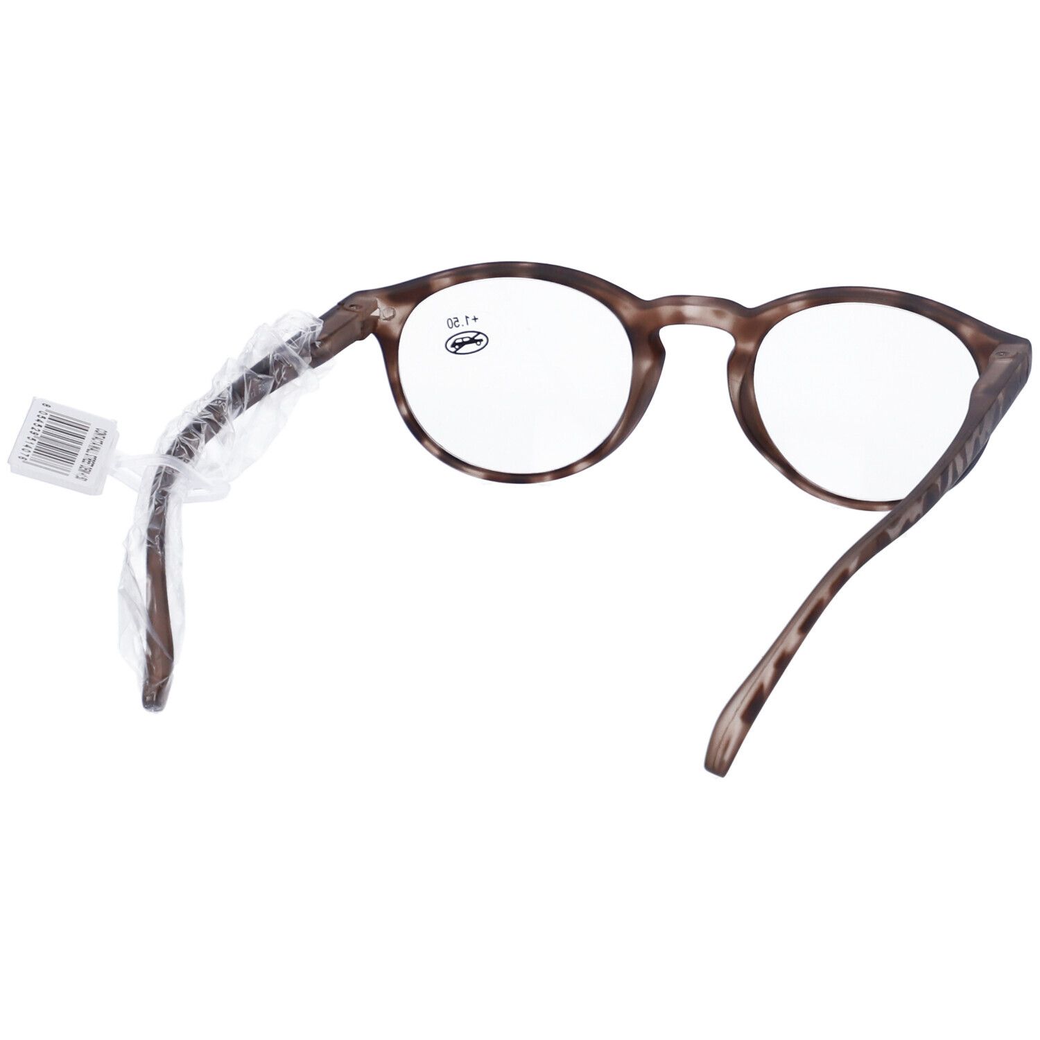 Occhiali con montatura marrone fantasia e lenti rotonde. "+1.50" su una lente.