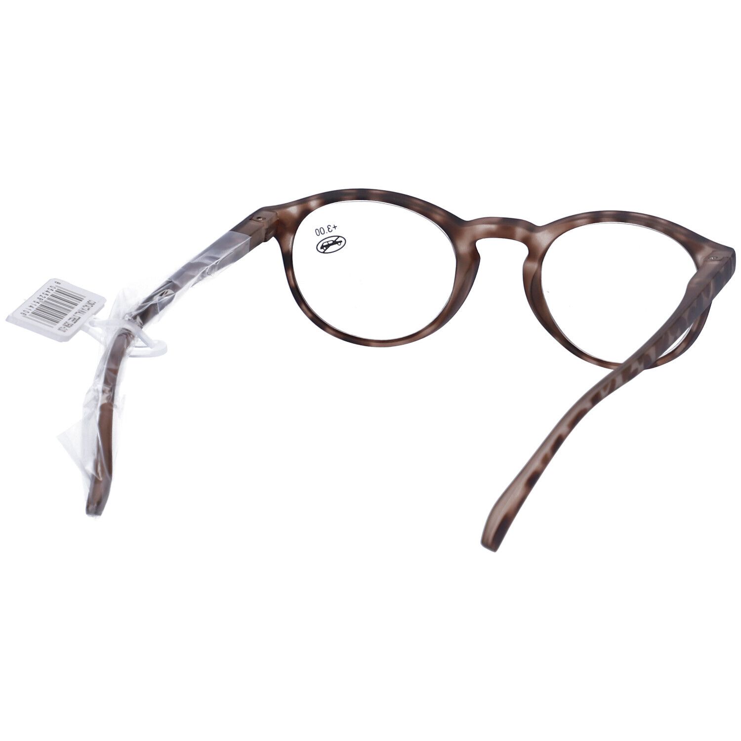 Occhiali con montatura rotonda marrone screziato. Sulla lente "+3.00".