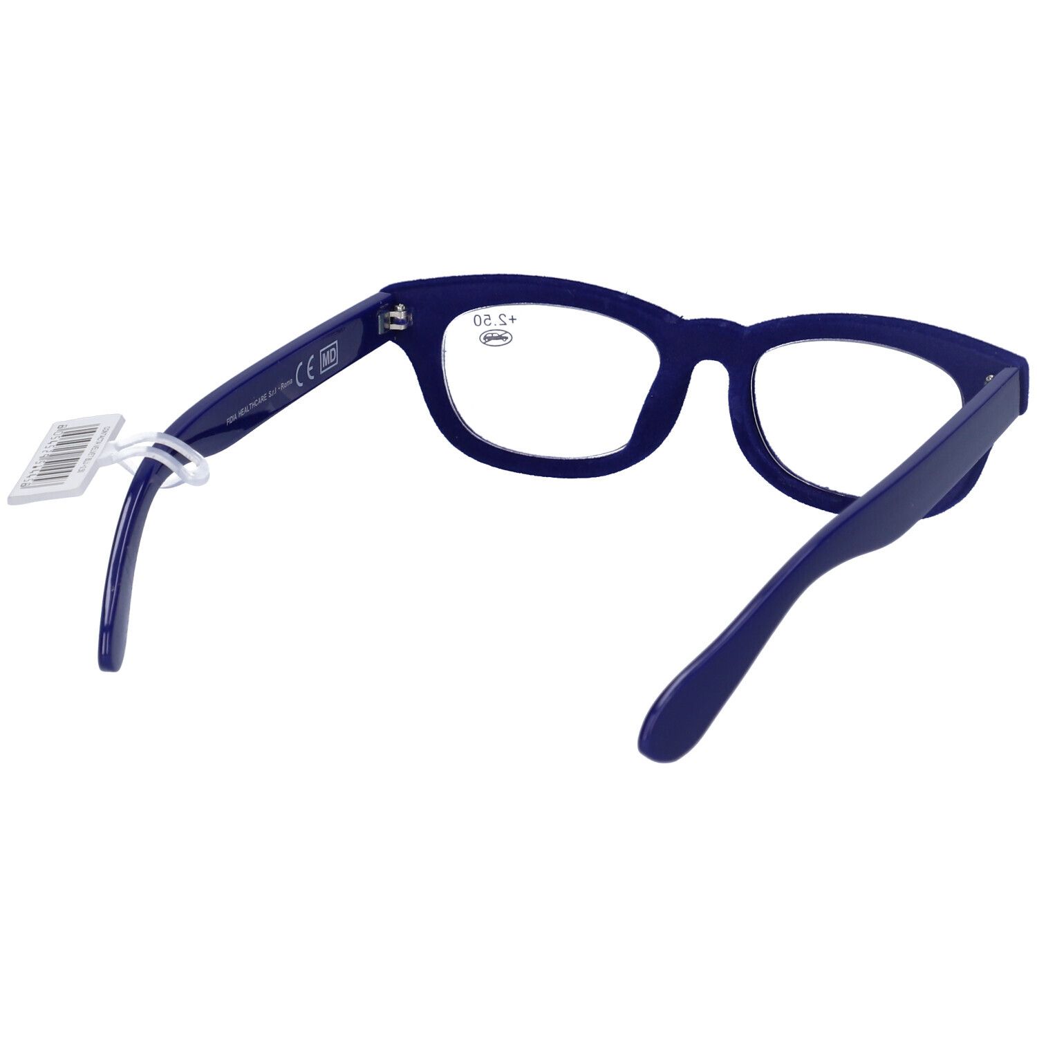 Occhiali blu, vista posteriore. Montatura in plastica, +2,50. Etichetta sull'asta.