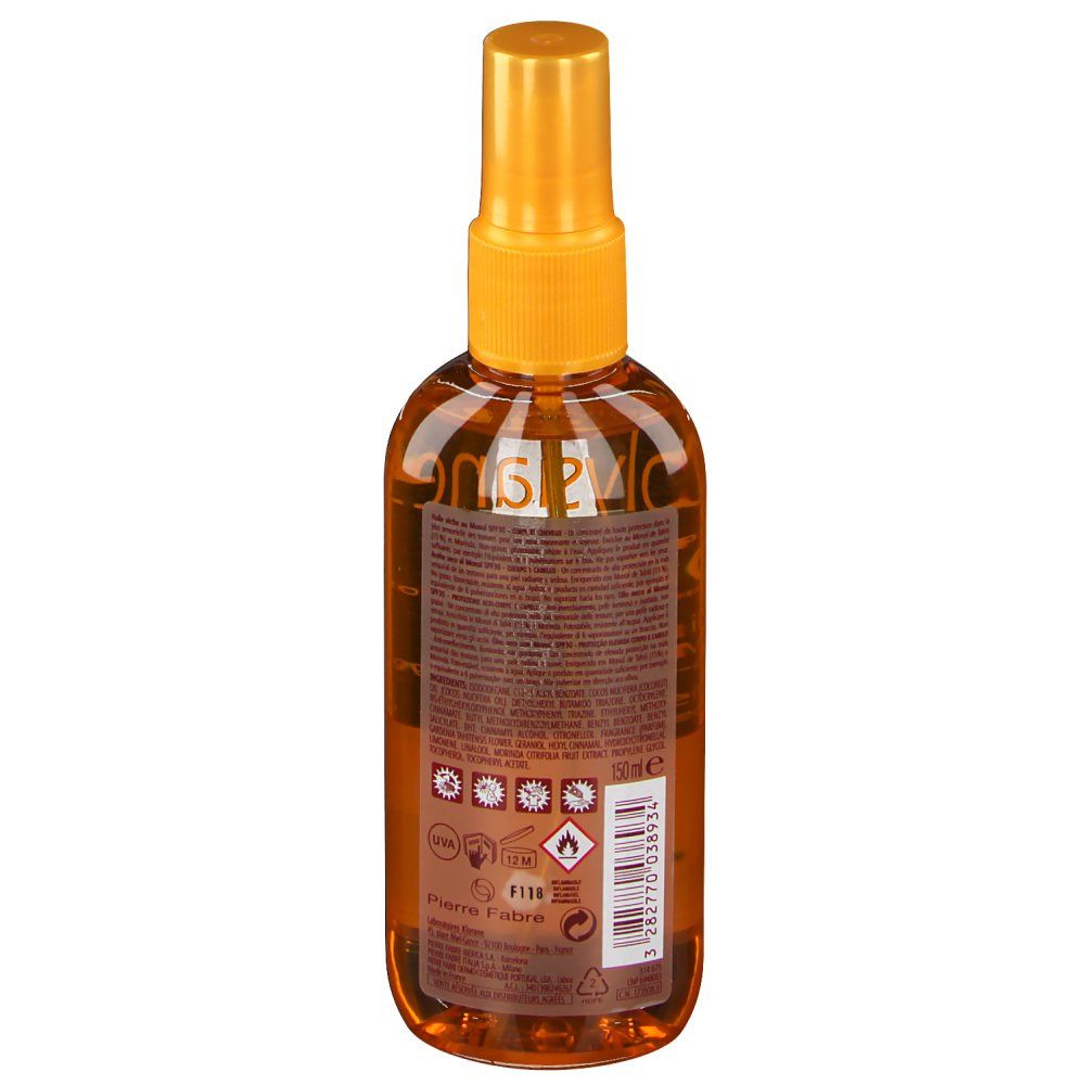 Flacone spray marrone, vista posteriore. Erogatore giallo. Etichetta con testo e simboli. Liquido trasparente visibile.