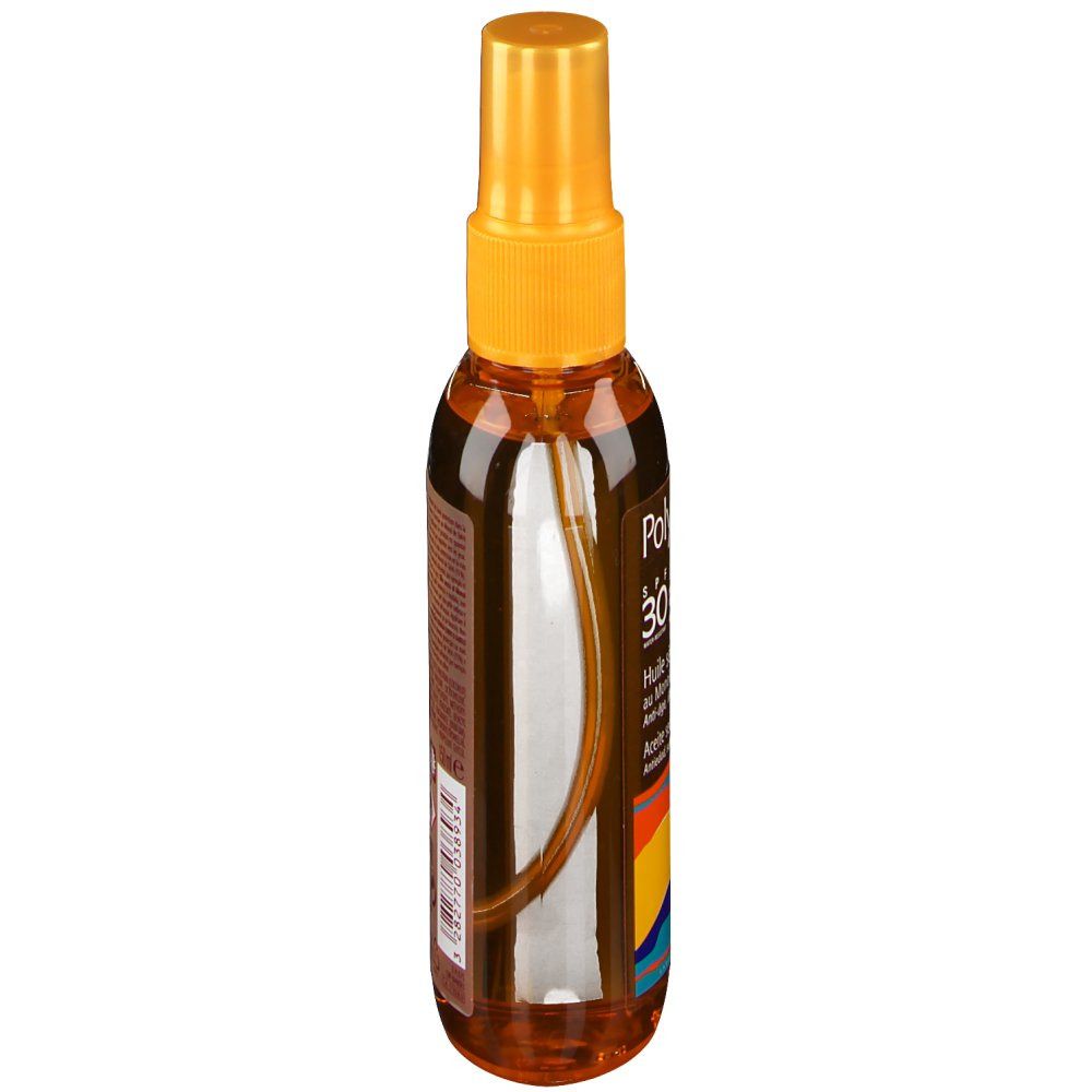 Flacone spray marrone, vista laterale. Erogatore giallo. Etichetta con testo. Striscia colorata. Liquido trasparente visibile.