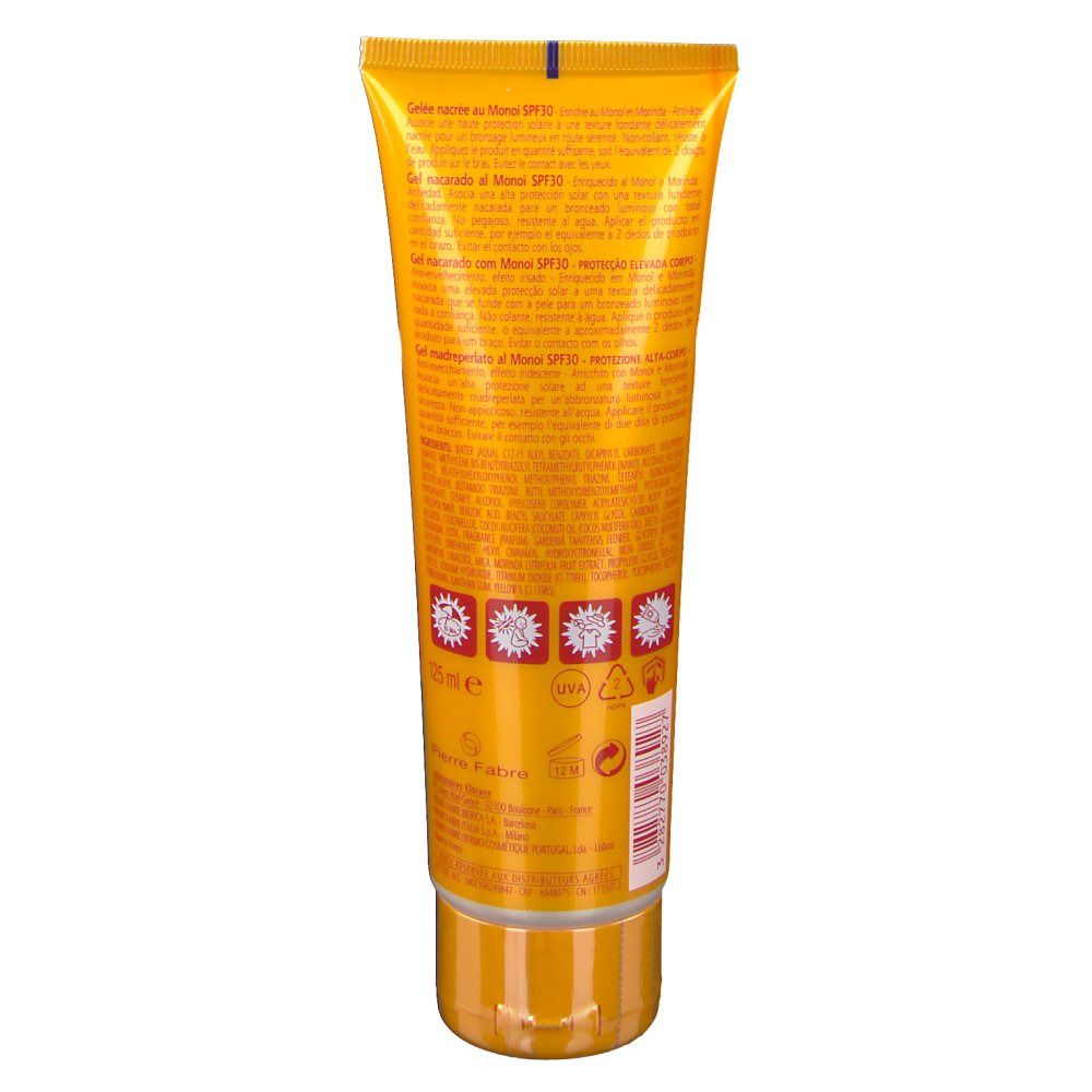 Retro del tubo giallo. Testo in più lingue. Loghi e informazioni. Tappo a vite in basso.