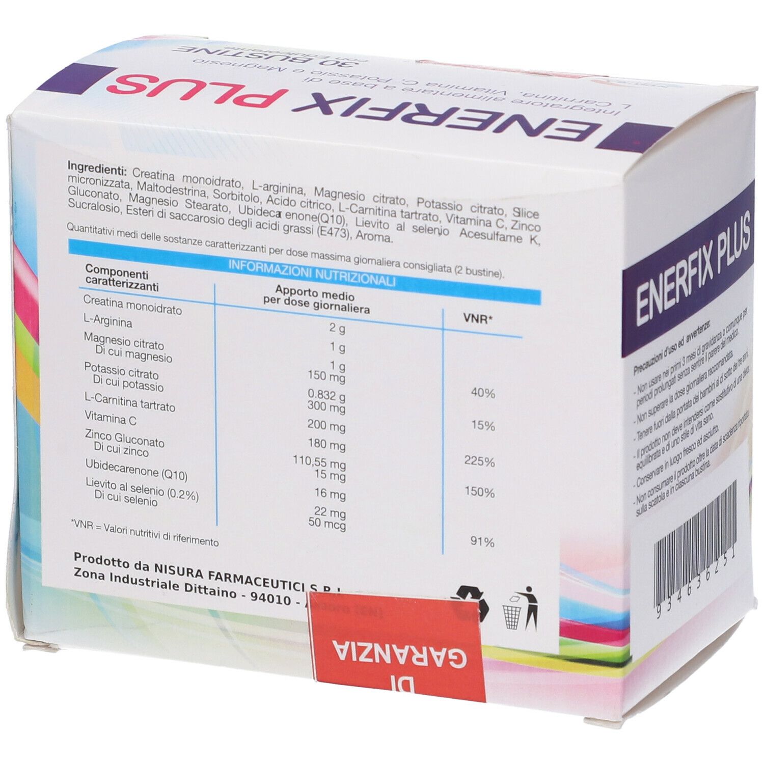 Retro della confezione Enerfix Plus. Contiene informazioni nutrizionali e ingredienti. Con sigillo di garanzia.