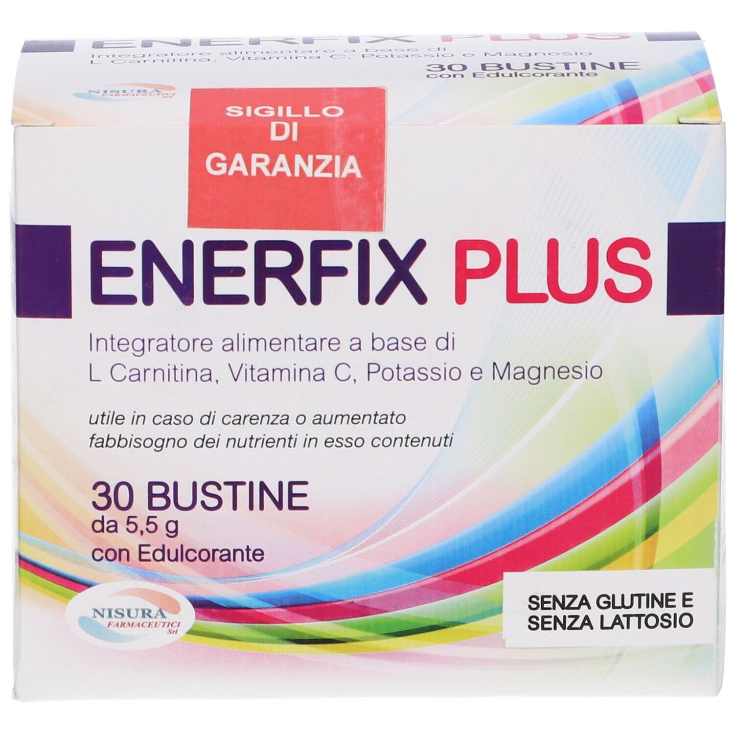 Confezione Enerfix Plus. Contiene 30 bustine. Scritta: Integratore alimentare, L Carnitina, Vitamina C, Potassio e Magnesio.