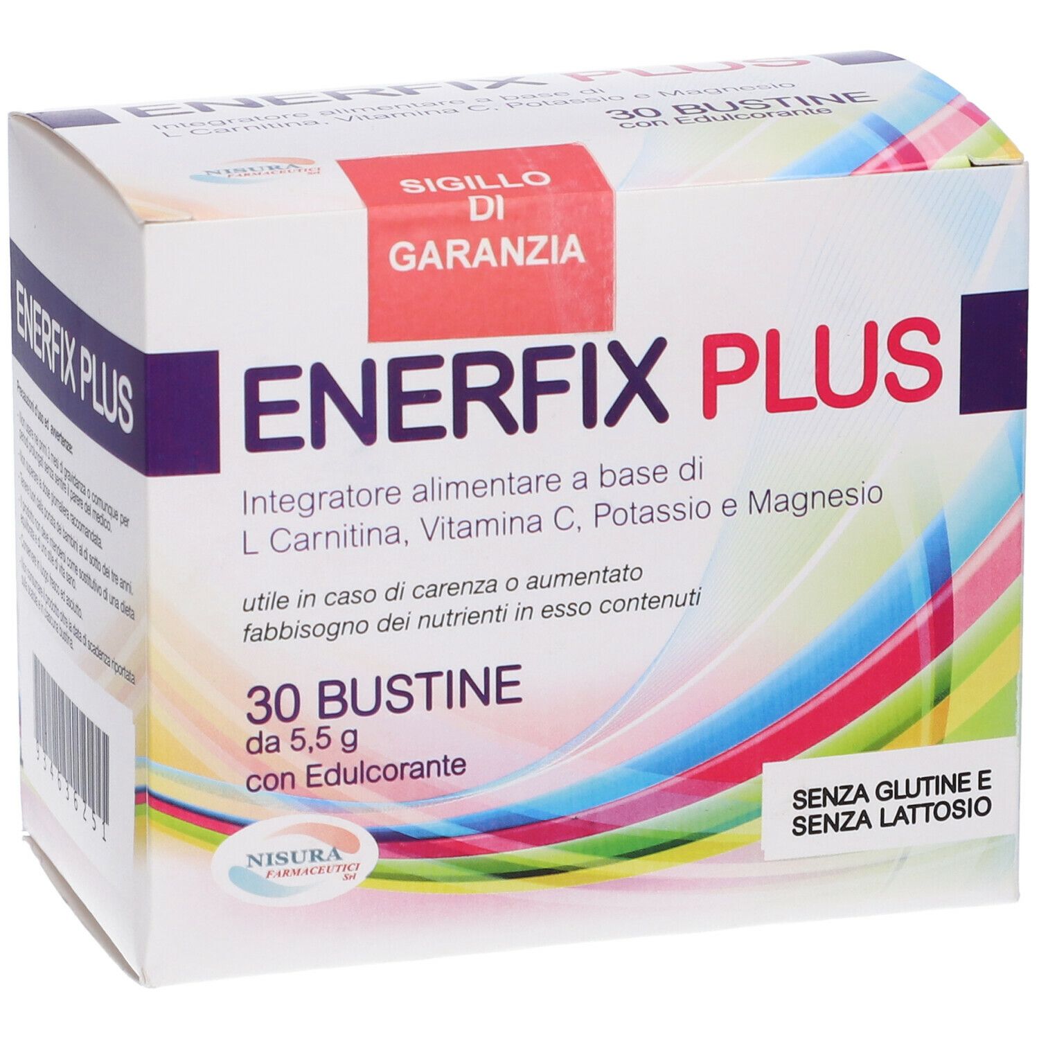 Confezione Enerfix Plus. Contiene 30 bustine. Scritta: Integratore alimentare, L Carnitina, Vitamina C, Potassio e Magnesio.