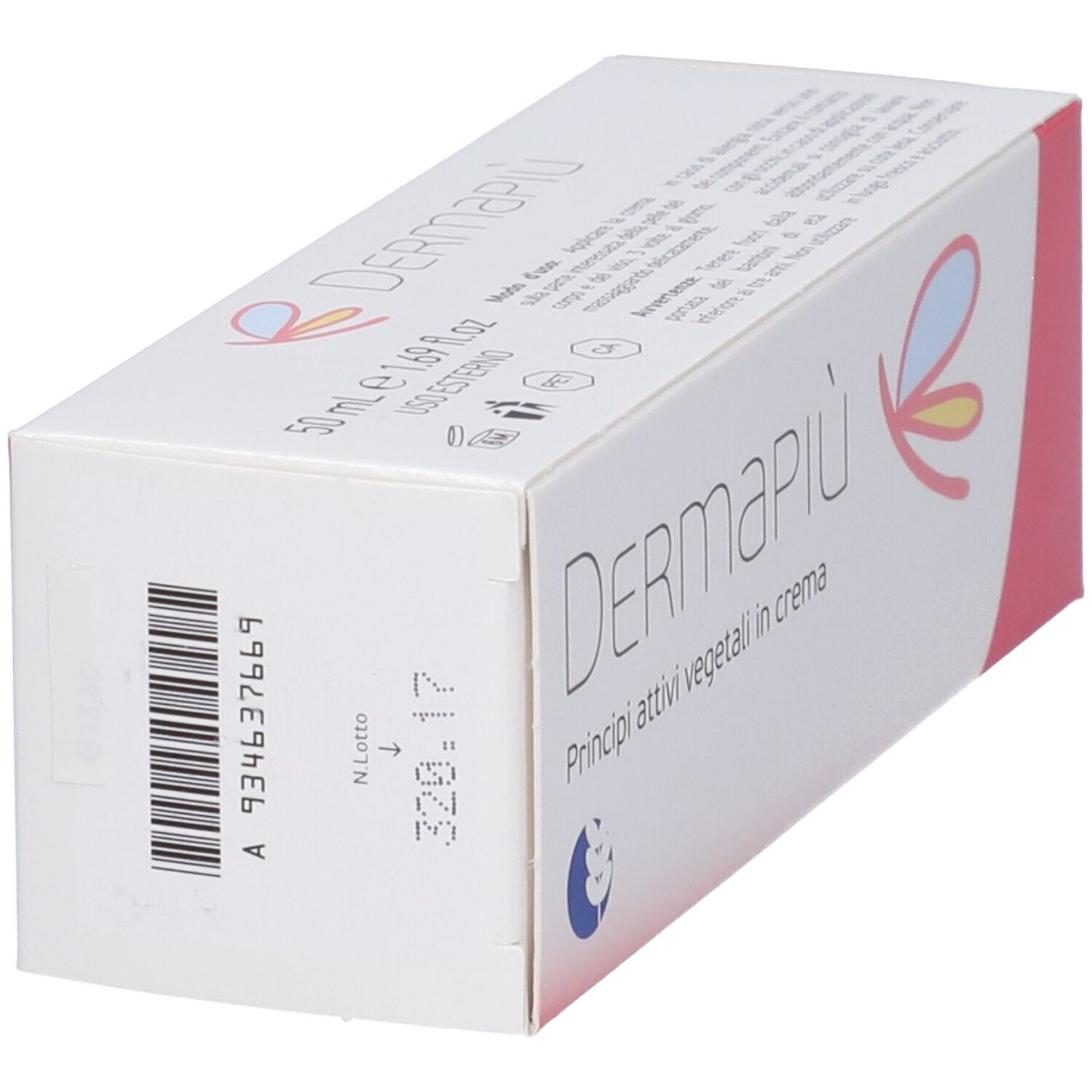 Confezione crema viso e corpo Dermapiù, vista laterale con codice a barre e numero di lotto.