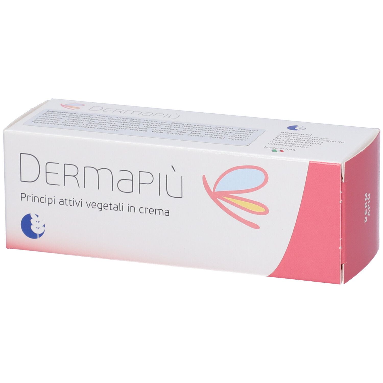 Confezione crema viso e corpo Dermapiù con principi attivi vegetali.