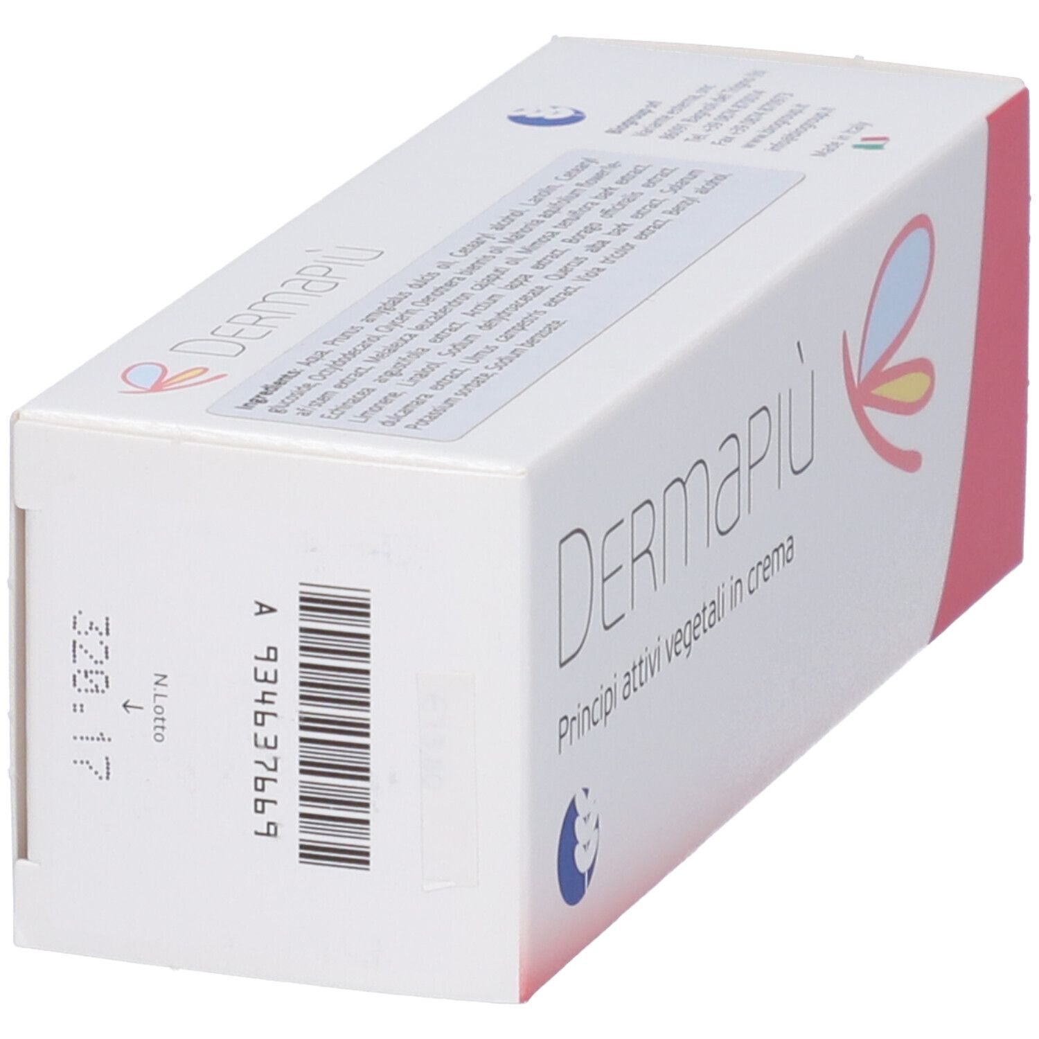 Confezione crema viso e corpo Dermapiù, vista laterale con codice a barre e numero di lotto.