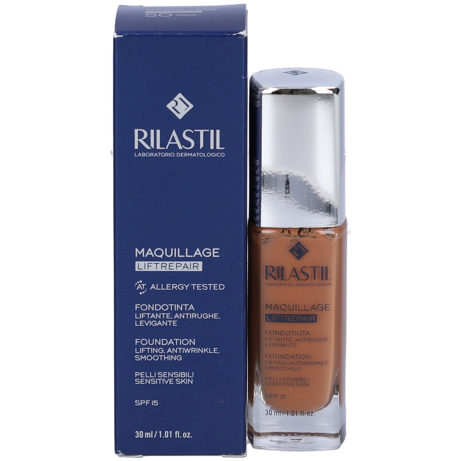 Fondotinta e scatola. Scritta: Rilastil Maquillage Liftrepair. Testato per allergie.