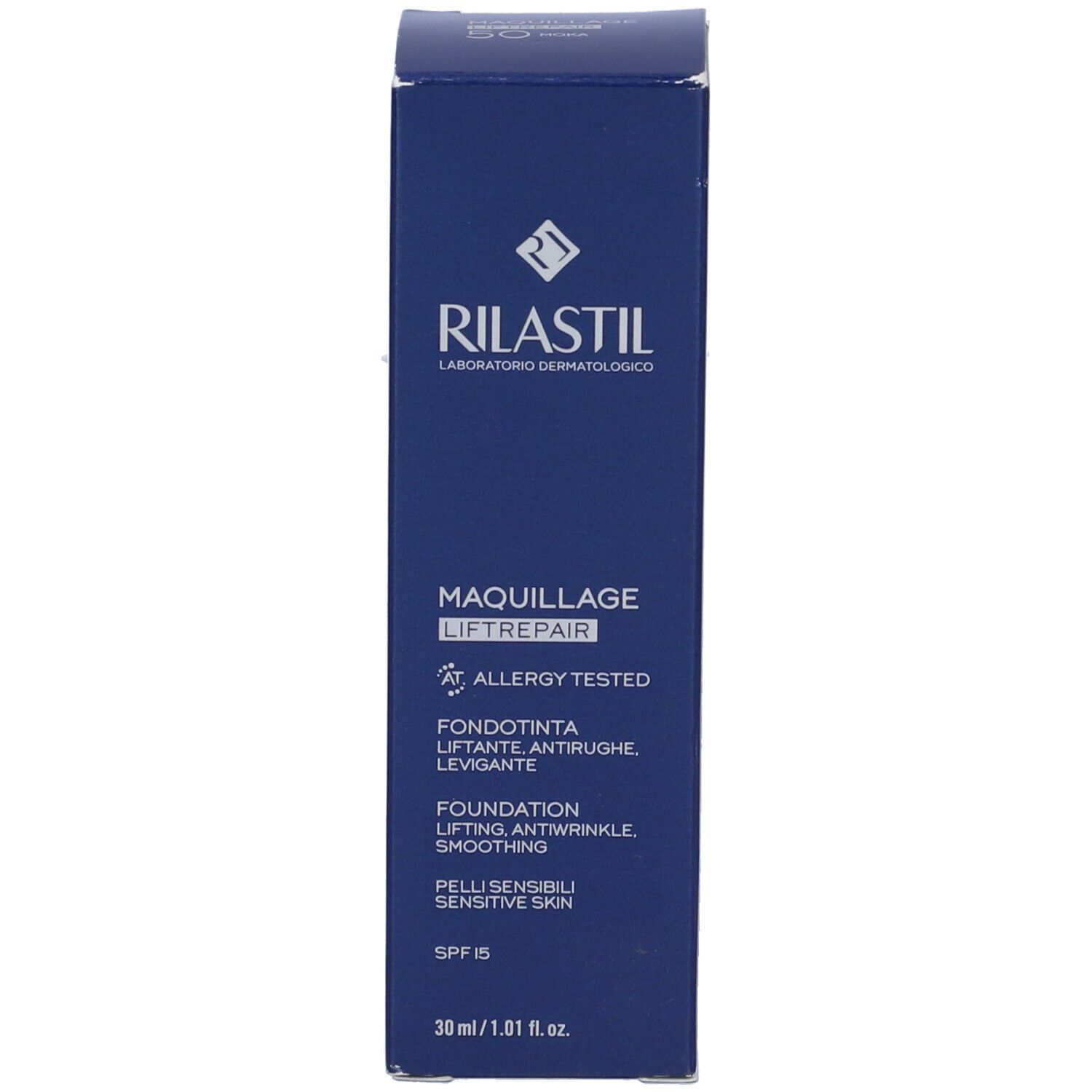 Scatola blu con scritta: Rilastil Maquillage Liftrepair. Testato per allergie.