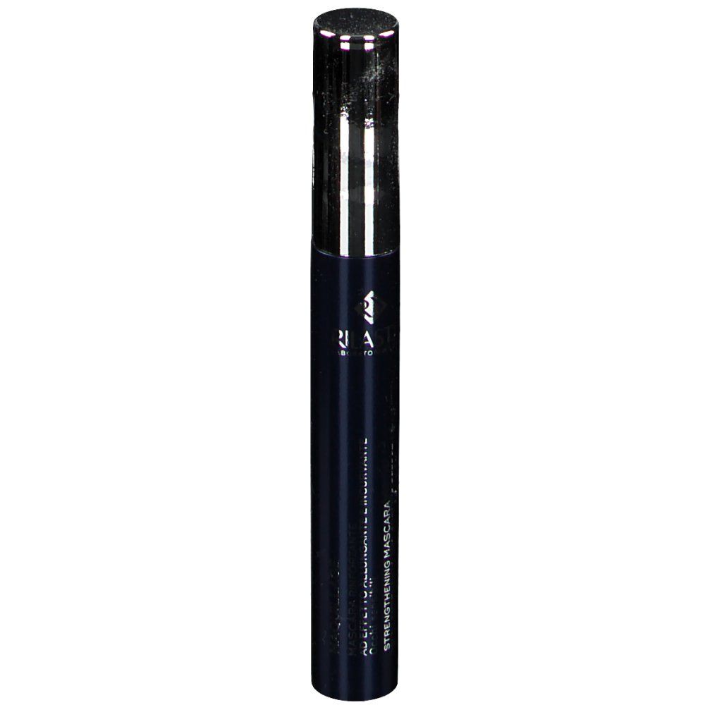 Tubo di mascara con tappo argentato. Scritta: Strengthening Mascara. Tubo nero con scritte bianche.