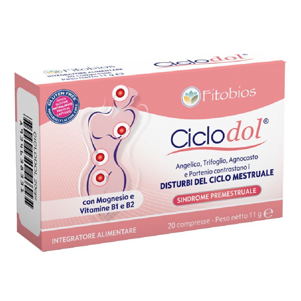 Scatola di Ciclodol. Rosa e bianca, con nome del prodotto, illustrazione e ingredienti. Senza glutine.