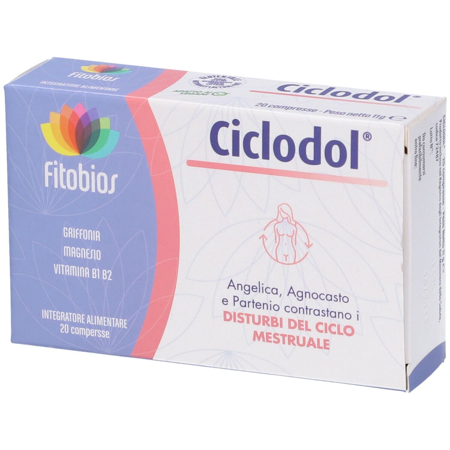 Confezione di Ciclodol. Scatola bianca con nome del prodotto, logo, ingredienti e illustrazione di una donna.